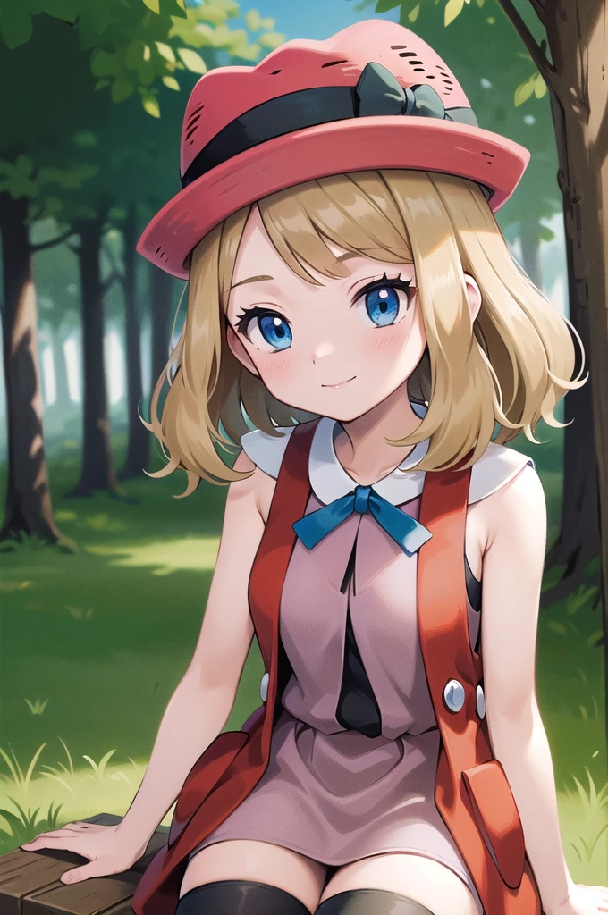 pkmnserena, 1girl, solo, blue eyes, blonde hair, short hair, bangs, hat, red headwear,
pink dress, ribbon, sleeveless, neck ribbon, blue ribbon, vest, black thighhighs,
smile,closed mouth,cowboy shot,sitting,
forest,outdoor,
(insanely detailed, beautiful detailed face, masterpiece, best quality) cinematic lighting,