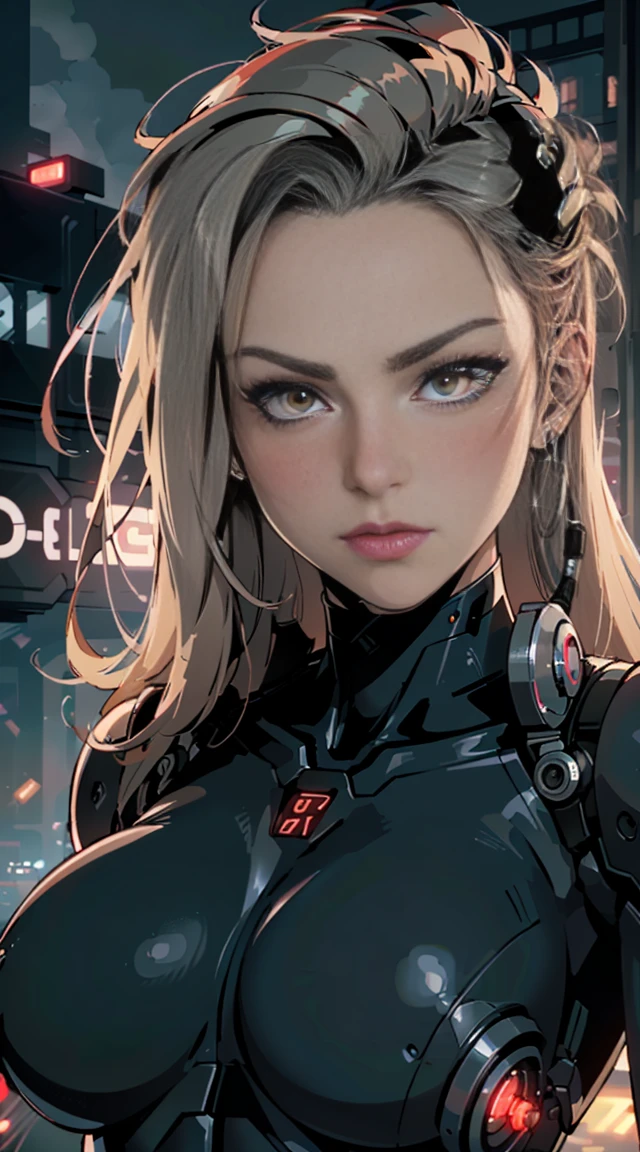 (best quality,ultra-detailed,realistic:1.37),woman cyborg,red eyes,evil,anime,huge ,sleek metallic body,expressionless face,glowing circuits,enormous energy blade,mechanical limbs,dystopian city backdrop,neon lights reflection,dark and ominous atmosphere