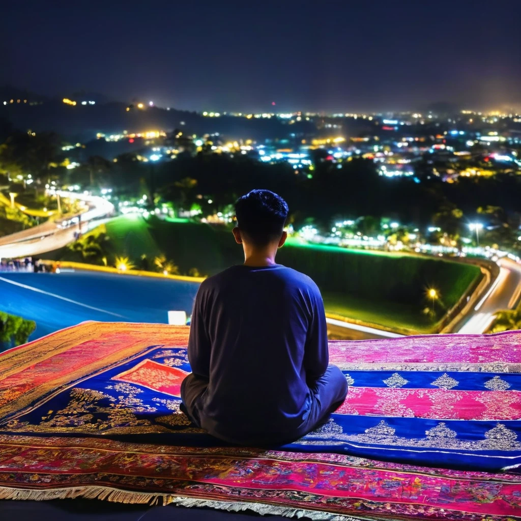 man sitting on flying carpet, bandung city at night city lights