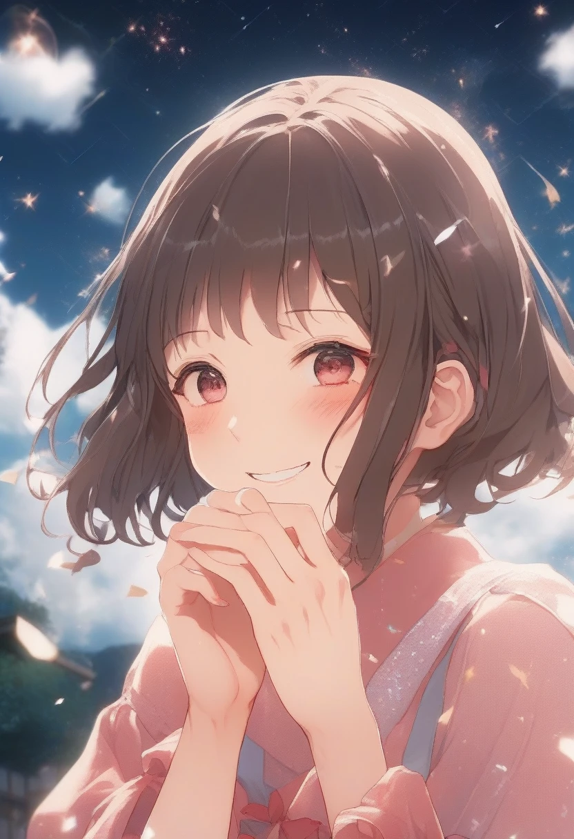 score_9, score_8_up, score_7_up, score_6_up, score_5_up, score_4_up, source_anime, woman smiling cutely with her chin in her hands, cloud effect, glitter effect, warm color effec