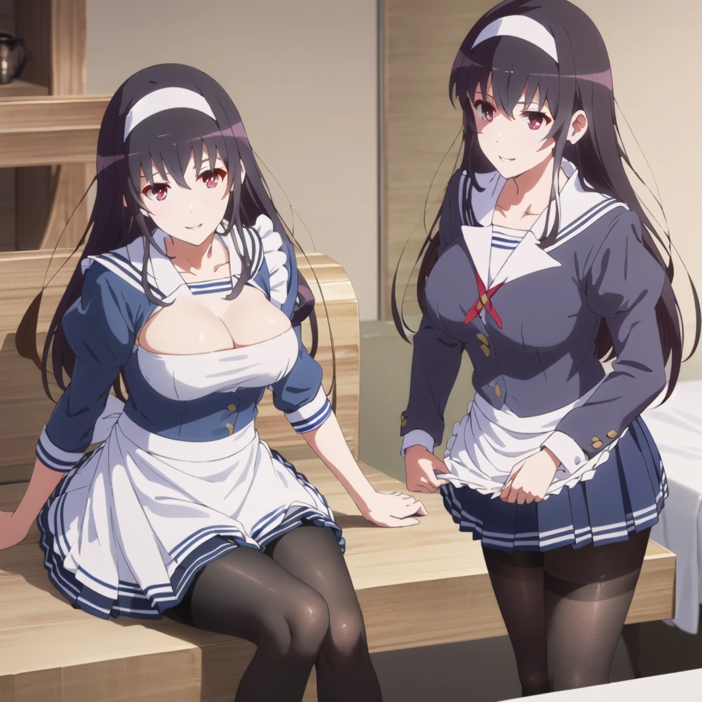 (((Tabletop, Highest quality, High resolution, Pixel perfect, Depth of written boundary, 4K, Pixel Perfect, Perfect in every detail,nsfw,,clothes lift,beautiful red eyes,large breasts,light smile,dpubic hair,alon,solo focus,clothes lift,1 girl,black thigh-high socks))((((bed room,maid)))),masterpiece, highest quality, High resolution, morning, Long Hair, Black Hair, hair band, , Sailor collar, Blue Blazer, Long sleeve, Pleated skirt, Blue Skirt, Black Pantyhose, standing, smile, Open your mouth,