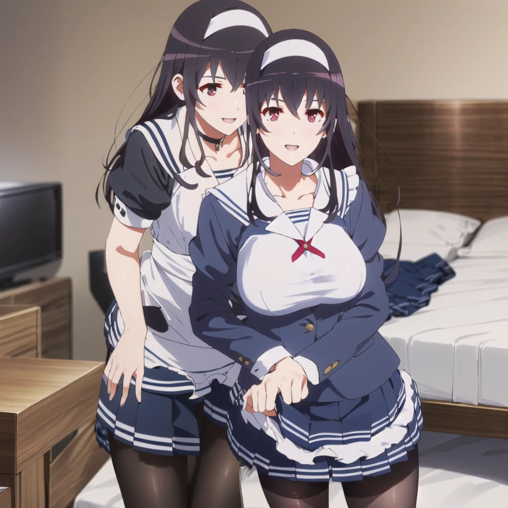 (((Tabletop, Highest quality, High resolution, Pixel perfect, Depth of written boundary, 4K, Pixel Perfect, Perfect in every detail,nsfw,,clothes lift,beautiful red eyes,large breasts,light smile,dpubic hair,alon,solo focus,clothes lift,1 girl,black thigh-high socks))((((bed room,maid)))),masterpiece, highest quality, High resolution, morning, Long Hair, Black Hair, hair band, , Sailor collar, Blue Blazer, Long sleeve, Pleated skirt, Blue Skirt, Black Pantyhose, standing, smile, Open your mouth,