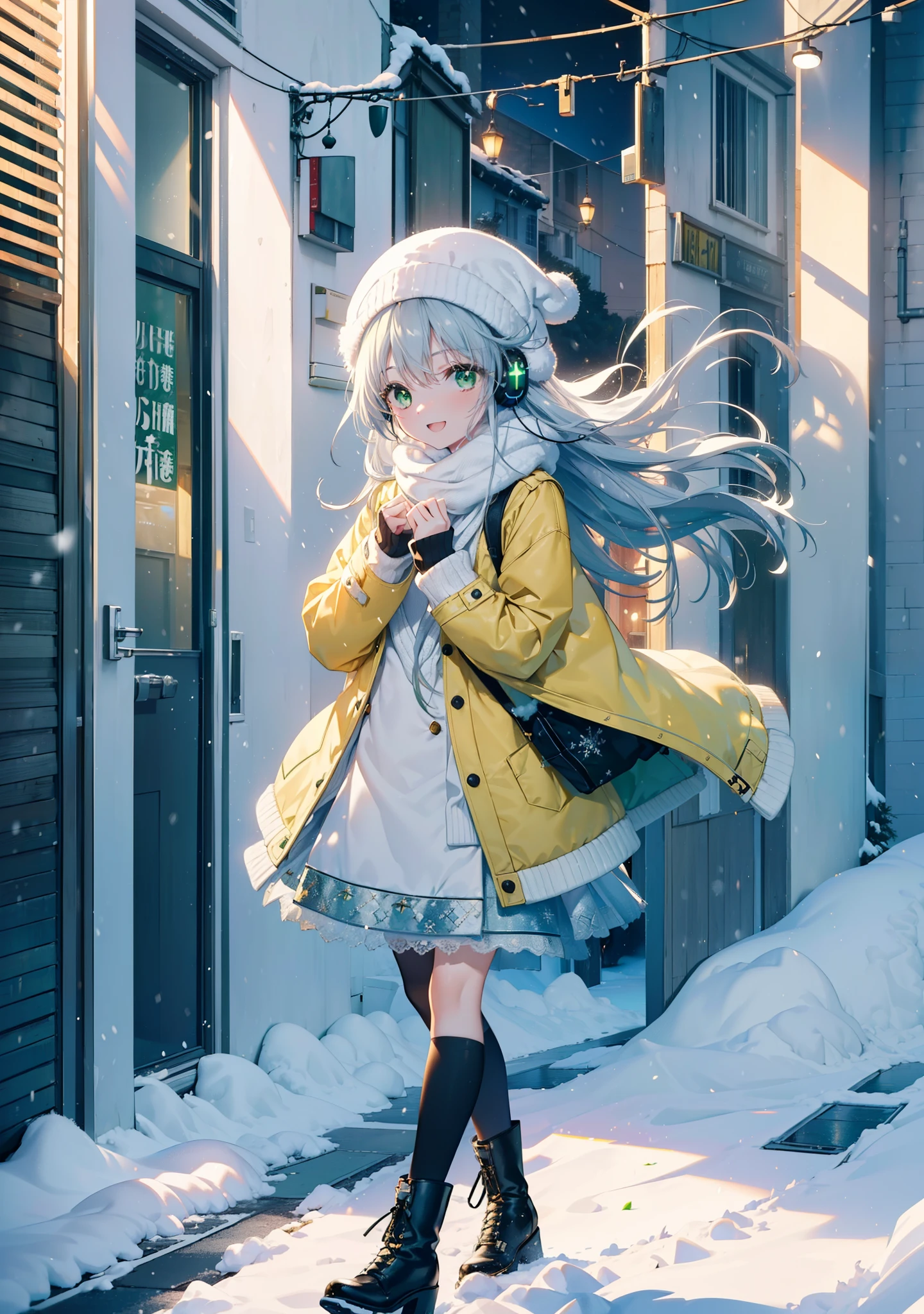 index, index, (Green Eyes:1.5), Silver Hair, Long Hair, (Flat Chest:1.2),happy smile, smile, Open your mouth,Knitted hat,Yellow long coat,White Tokkuri Sweater,Earmuffs,White scarf,Black long skirt,Black pantyhose,short boots,Walking,Snow is piled up,It&#39;s snowing,Snow Scene,Shirogane World,night,moonlight,Let the world enter your illustrations,
break looking at viewer, whole body,
break outdoors, Snow Country,Residential Street,
break (masterpiece:1.2), Highest quality, High resolution, unity 8k wallpaper, (figure:0.8), (Beautiful attention to detail:1.6), Highly detailed face, Perfect lighting, Highly detailed CG, (Perfect hands, Perfect Anatomy),
