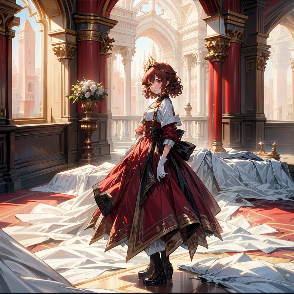 1girl, Full body version, 1character, adult version, purple eyes color, bob haircut, brown colour hair, high dress, red colour clothing, royal queen style clothing, royal Coat, white gloves, Royal head gold crown, gold earrings, background in indoor square castle, motion blur, cute girl, with 2 knight army bodyguard, Large window at the back, sunlight behind the window, lighting, lighting in the room, gold lighting, gold aura, gold, Splendor, majestic aura, (low angle view), (Hunter x Hunter style)