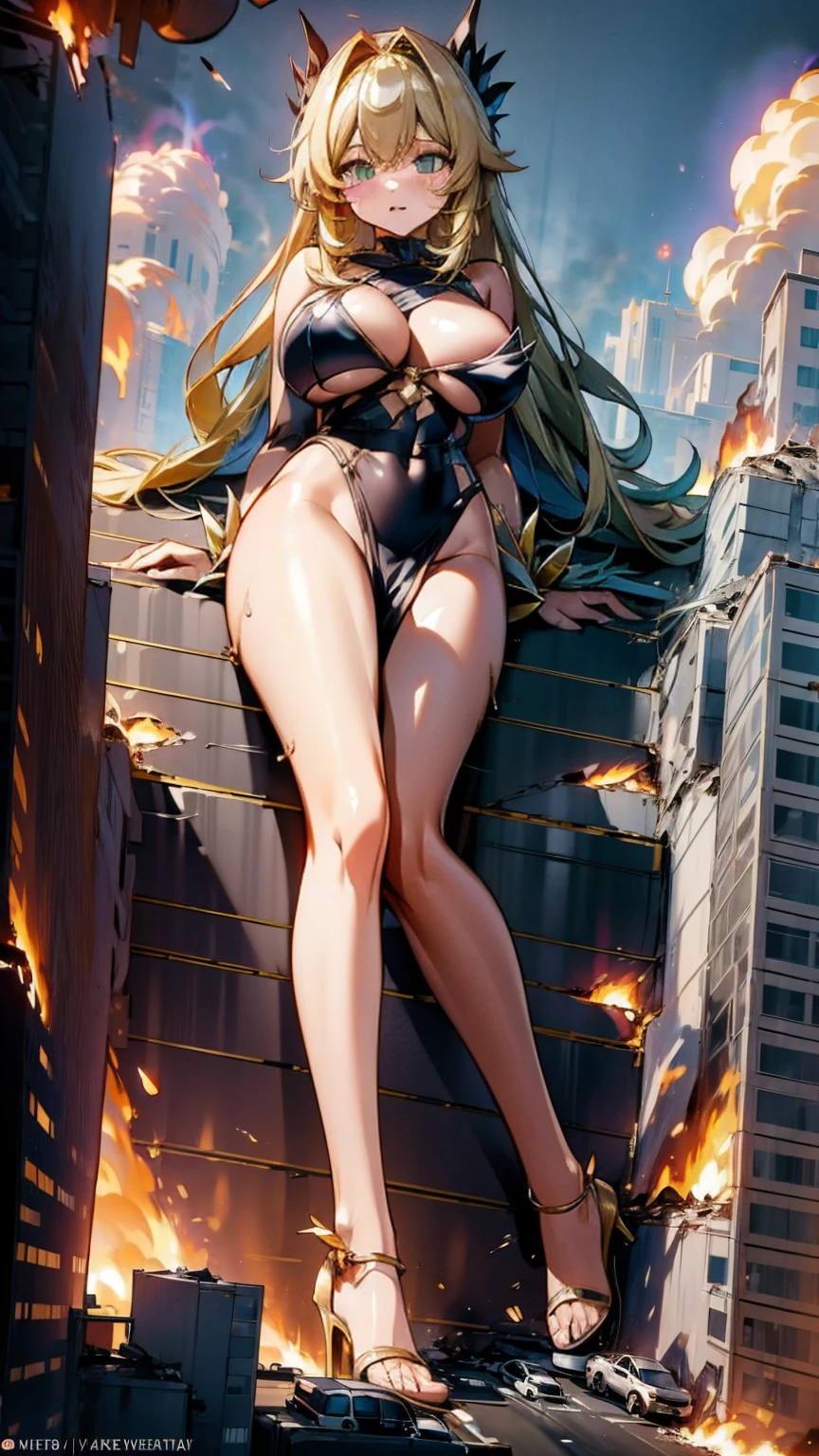 Giantess with firm , long sexy legs, yellow hair and in a bikini is sitting on a skyscraper, while the city at her feet is burning in flames for the destruction she has caused, while people are running away from her, to avoid being crushed to death by her ta. Giantess, goddess, macrophilia, curvaceous body, hentai, fetish, sexy legs, bikini, high heels, high quality