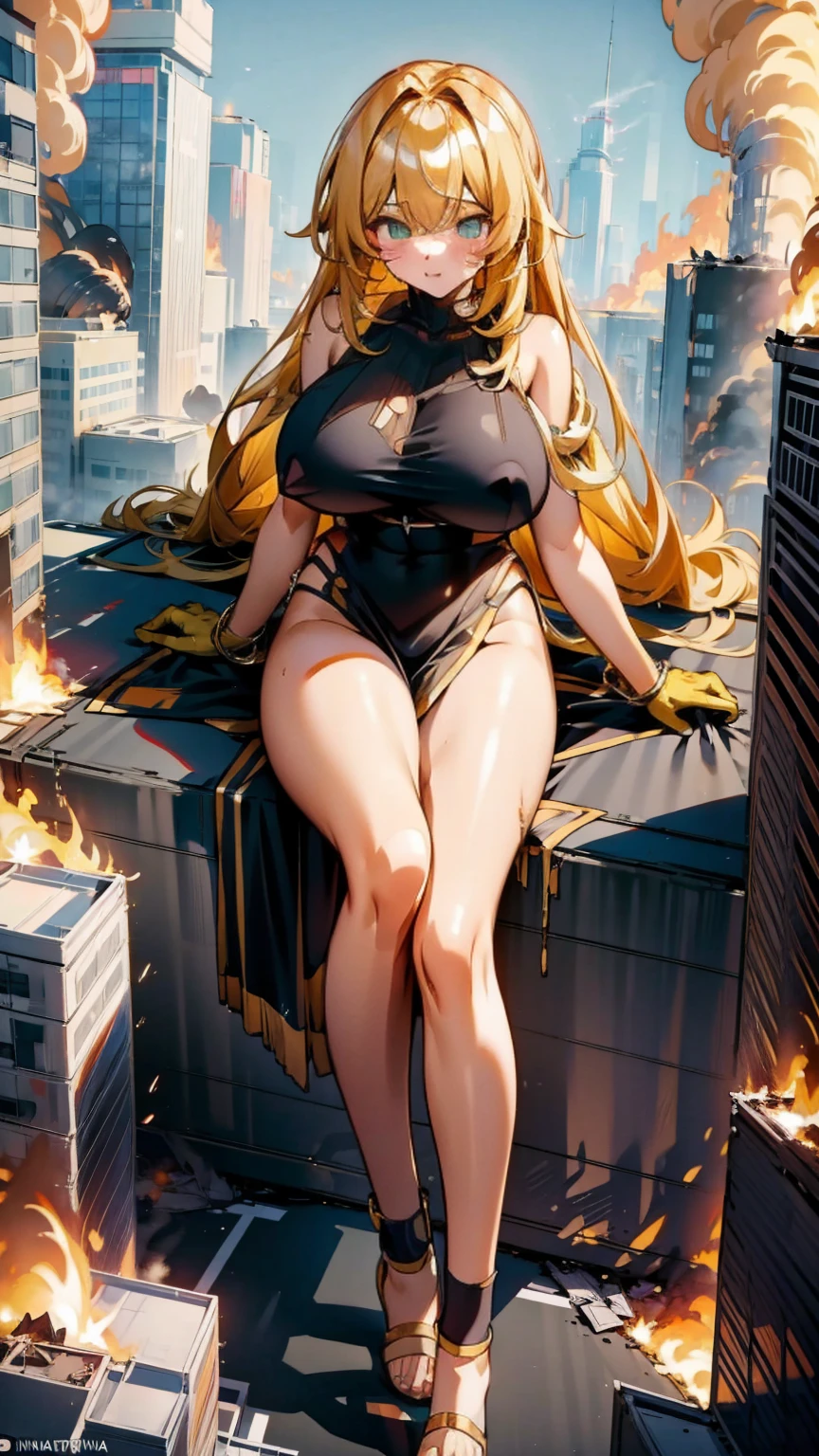 Giantess with firm , long sexy legs, yellow hair and in a bikini is sitting on a skyscraper, while the city at her feet is burning in flames for the destruction she has caused, while people are running away from her, to avoid being crushed to death by her ta. Giantess, goddess, macrophilia, curvaceous body, hentai, fetish, sexy legs, bikini, high heels, high quality