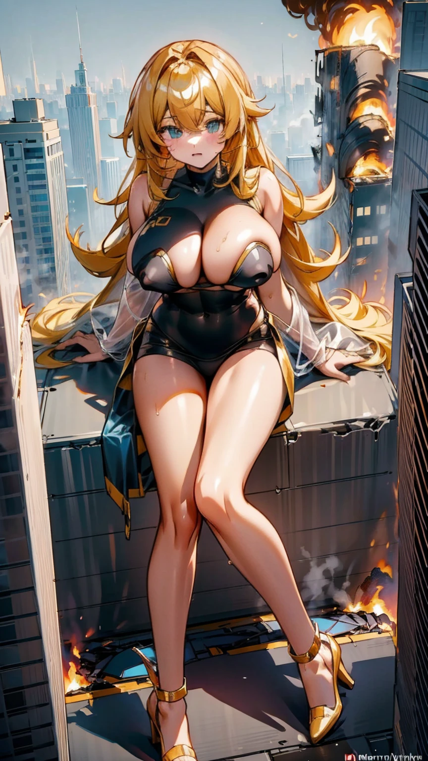 Giantess with firm , long y legs, yellow hair and in a bikini is sitting on a skyscraper, while the city at her feet is burning in flames for the destruction she has caused, while people are running away from her, to avoid being crushed to death by her ta. Giantess, goddess, macrophilia, curvaceous body, henetish, sexy legsikini, high heels, high quality
