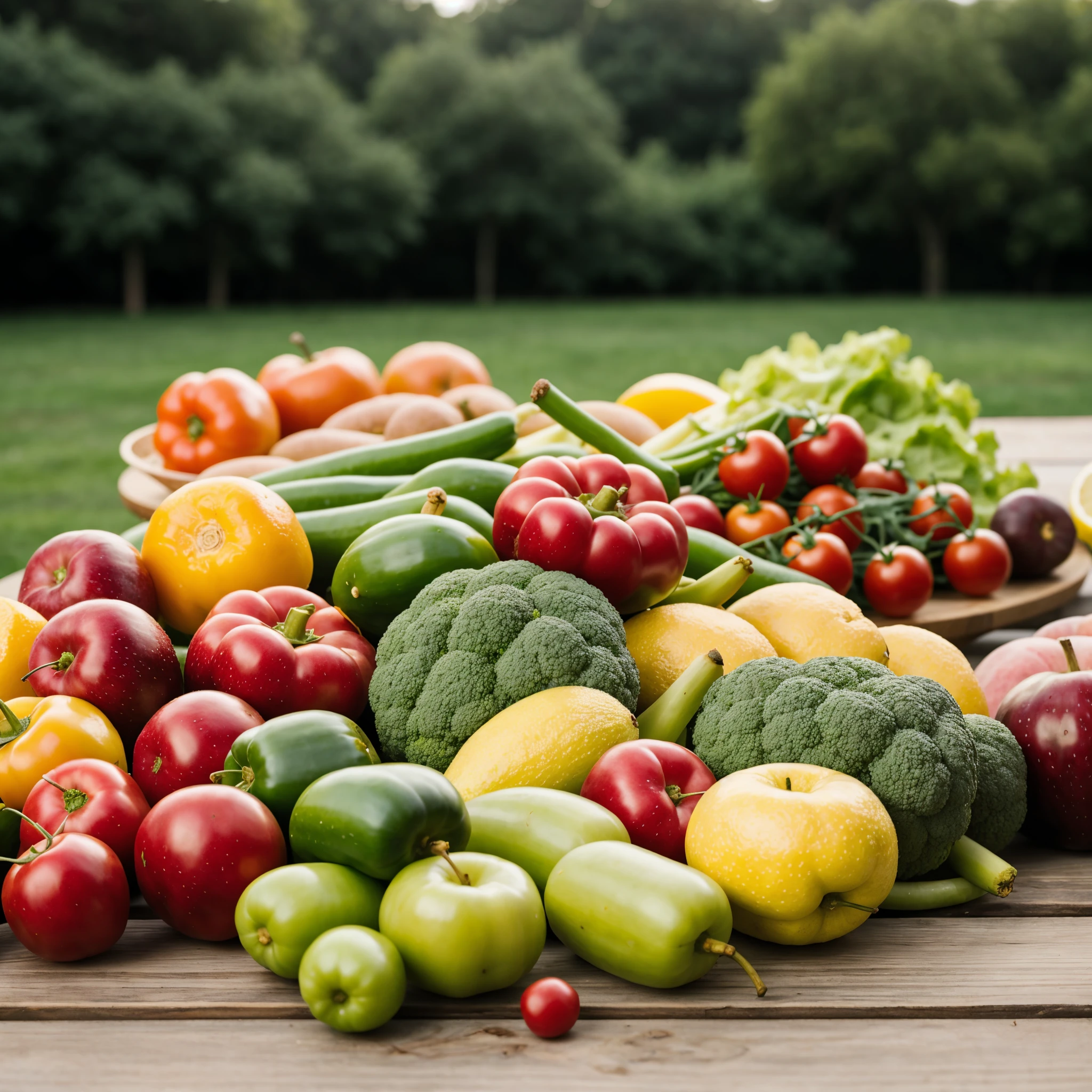 The background is a pastoral blur,Fruits and vegetables on the table,Leave space in the middle of the table,blur background