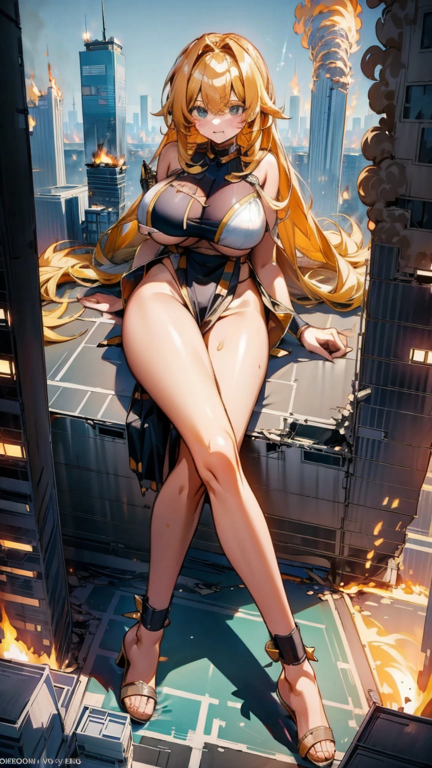 Giantess with firm , long sexy legs, yellow hair and in a bikini is sitting on a skyscraper, while the city at her feet is burning in flames for the destruction she has caused, while people are running away from her, to avoid being crushed to death by her ta. Giantess, goddess, macrophilia, curvaceous body, hentai, fetish, sexy legs, bikini, high heels, high quality