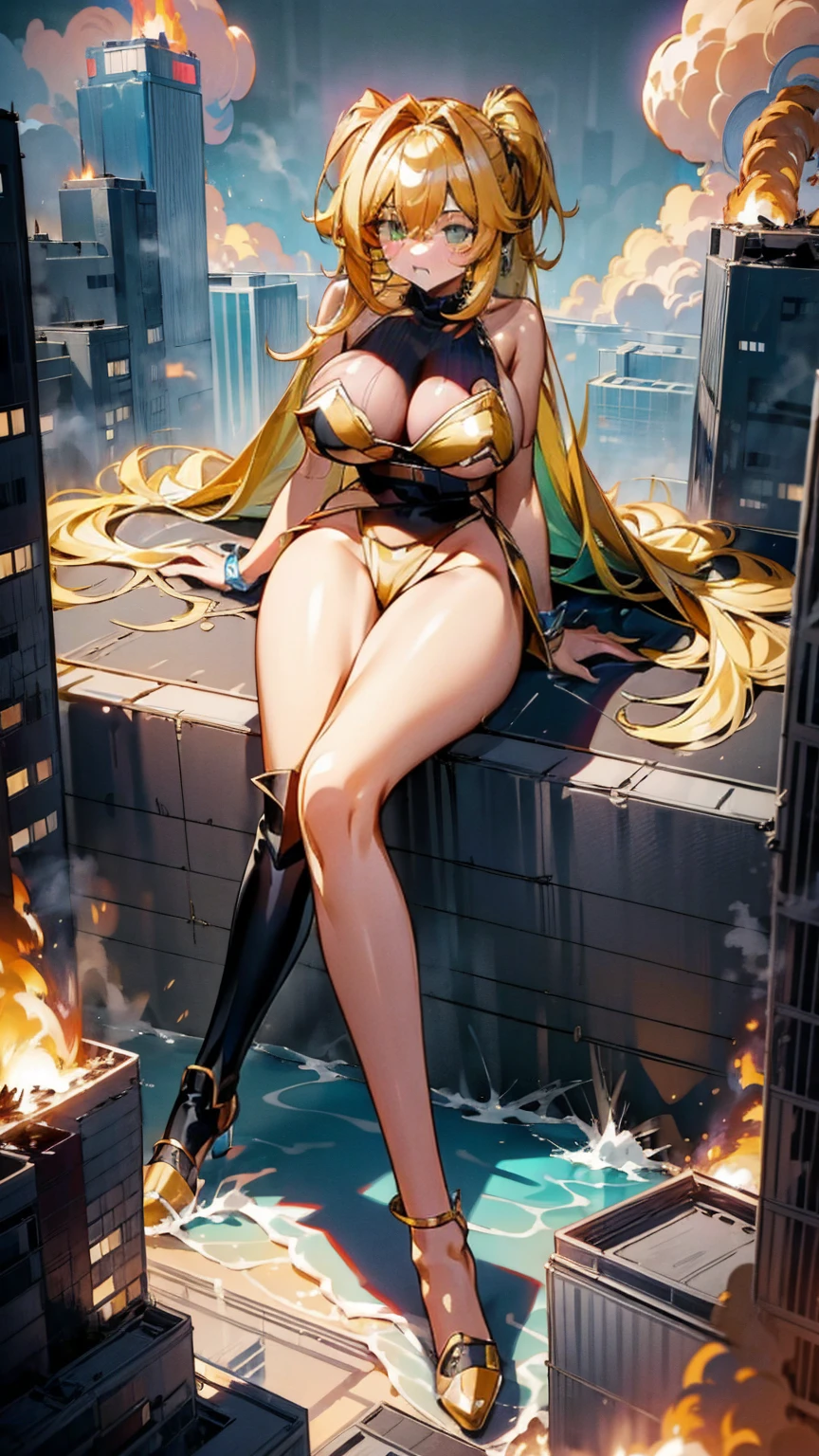 Giantess with firm , long sexy legs, yellow hair and in a bikini is sitting on a skyscraper, while the city at her feet is burning in flames for the destruction she has caused, while people are running away from her, to avoid being crushed to death by her ta. Giantess, goddess, macrophilia, curvaceous body, hentai, fetish, sexy legs, bikini, high heels, high quality