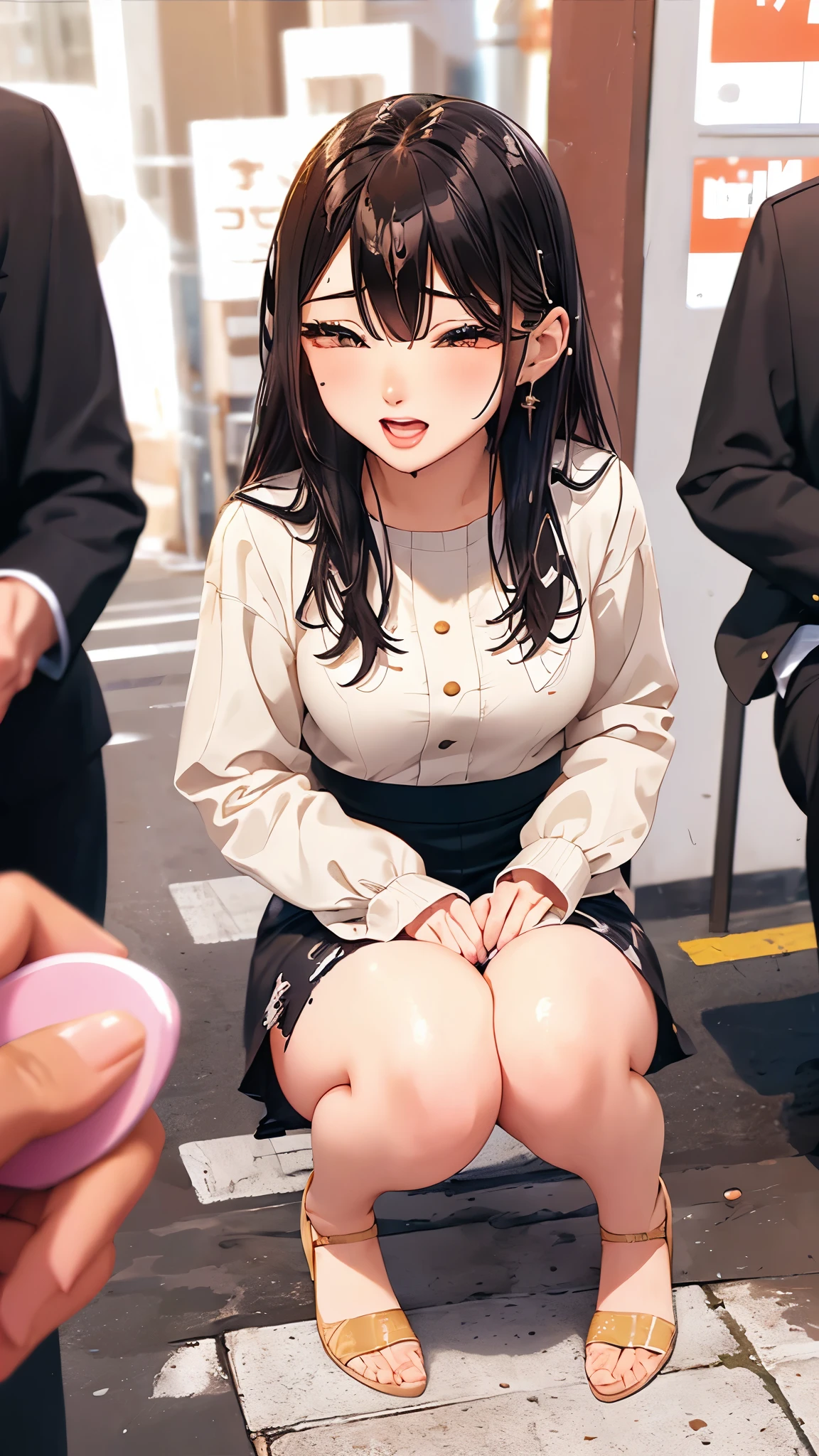 /quality
(masterpiece,best quality,High resolution,高quality,Realistic)

/HairstylesStraight Hair

/Clothes
(Pencil Skirt,Job interview suit,blouse,Jacket,Torn pantyhose:1.5,Earrings)

/Pose Crouching,sit
Leaning against a wall,
Spread your legs:1.5

(Ahegao,orgasm,vapor:1.5,Wish:1.5),

/Other Crowds:1.5,Fair skin,Feet Focus,Leaning against a wall,male,hand of:1.5,night, roadside,ID card,White chocolate:1.5