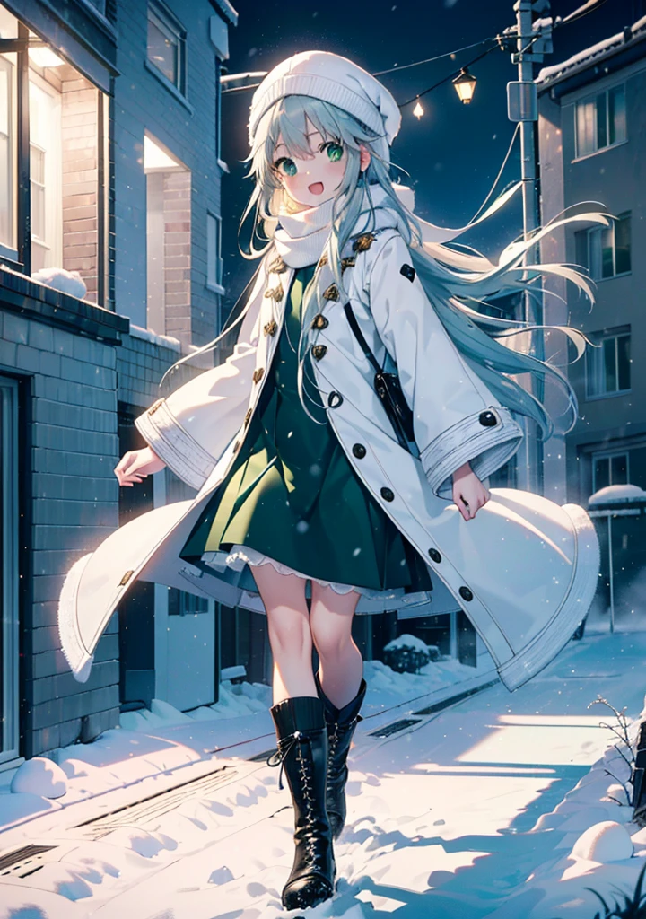 index, index, (Green Eyes:1.5), Silver Hair, Long Hair, (Flat Chest:1.2),happy smile, smile, Open your mouth,Knitted hat,Yellow long coat,White Tokkuri Sweater,Earmuffs,White scarf,Black long skirt,Black pantyhose,short boots,Walking,Snow is piled up,It's snowing,Snow Scene,Shirogane World,night,moonlight,Let the world enter your illustrations,
break looking at viewer, whole body,
break outdoors, Snow Country,Residential Street,
break (masterpiece:1.2), Highest quality, High resolution, unity 8k wallpaper, (figure:0.8), (Beautiful attention to detail:1.6), Highly detailed face, Perfect lighting, Highly detailed CG, (Perfect hands, Perfect Anatomy),
