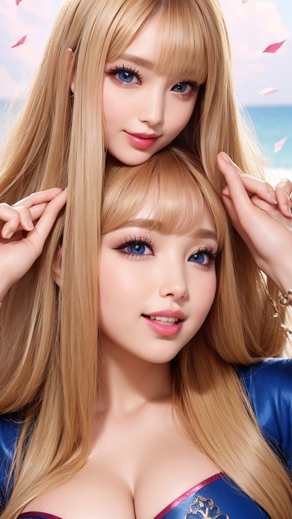 Beauty, Mystical Eyes、Big 、Super sexy、Pale skin、Shiny Hair、Super long hair、Loose and fluffy perm、Close to blonde、Are fat、fat、smile、Heavy makeup、Pink lipstick、Thick lipoisturized lips、Plump、Voluptuous、Indian、spring、Blue sky、White cloud、looking at the camera、Has bangs、Bangs fall on the forehead、Heavy makeup、Heavy makeup、The face is dark、Exotic Face
