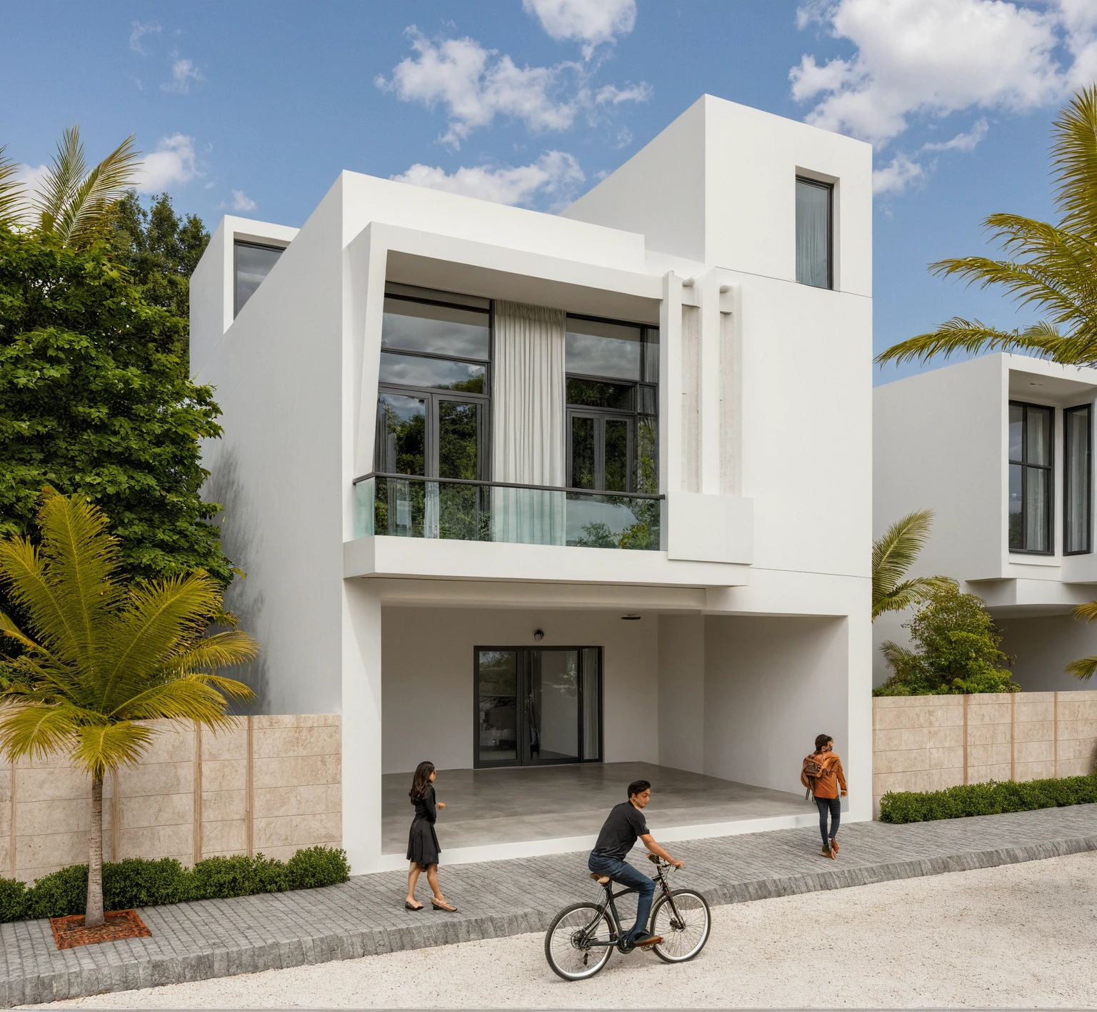 Masterpiece, high quality, best quality, authentic, super detail, outdoors, onestoreyvillaXL, aiaigroup, house style modern on the street ,stairs, white wall ,road,pavement, grass, trees, sky, cloud, (daylight:1.1)