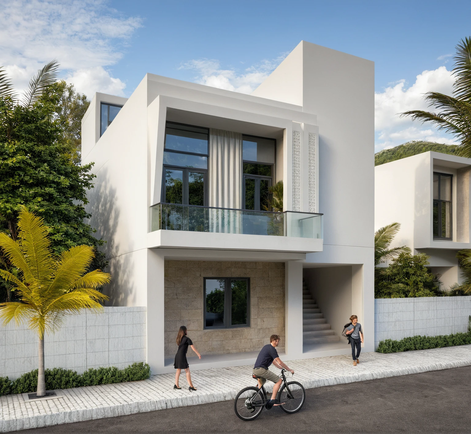 Masterpiece, high quality, best quality, authentic, super detail, outdoors, onestoreyvillaXL, aiaigroup, house style modern on the street ,stairs, white wall ,road,pavement, grass, trees, sky, cloud, (daylight:1.1)