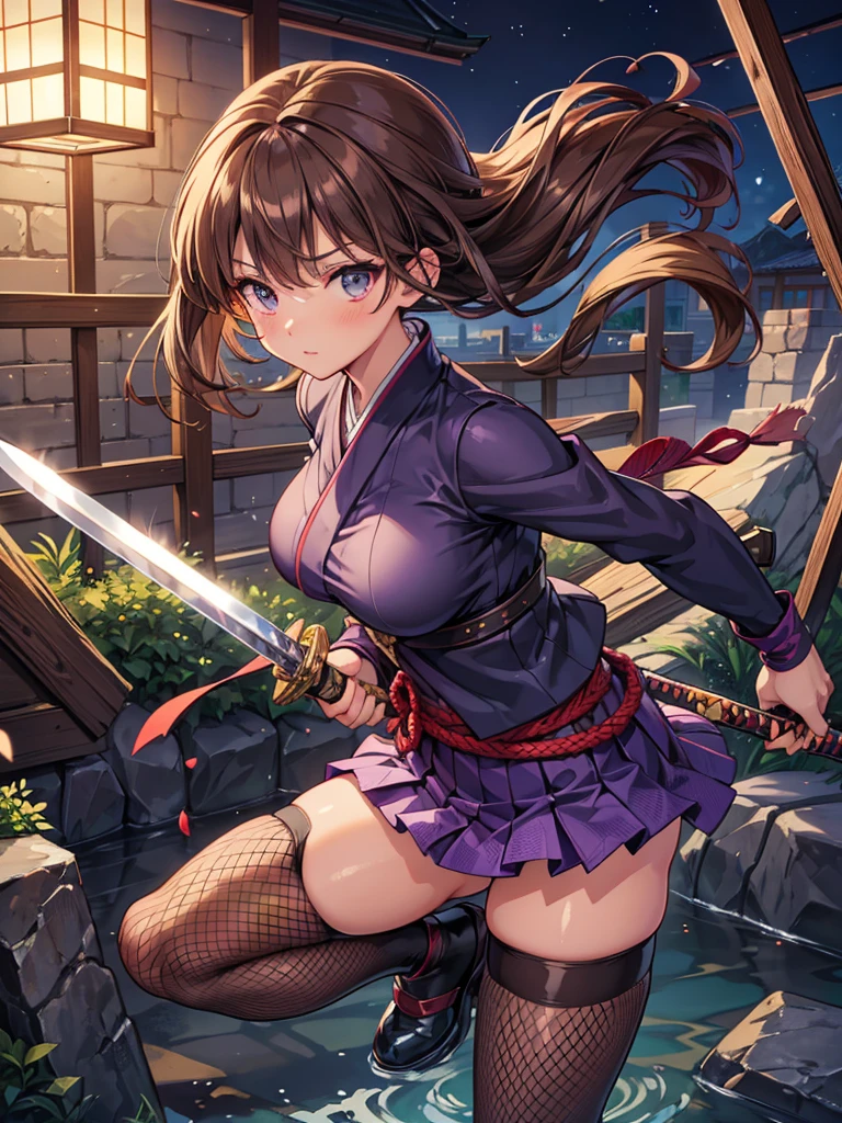 (Highest quality)), ((Masterpiece)), (Familiar), Perfect face, glossy skin, beautiful breasts, how, shiny skin, Kyoto animation-style painting, emerald brown hair, tanned skin, night, Holding a Japanese sword, ruins, fighting posture, fishnet tights, knitting hair, spats, inside, Kunoichi's clothes, purple clothes