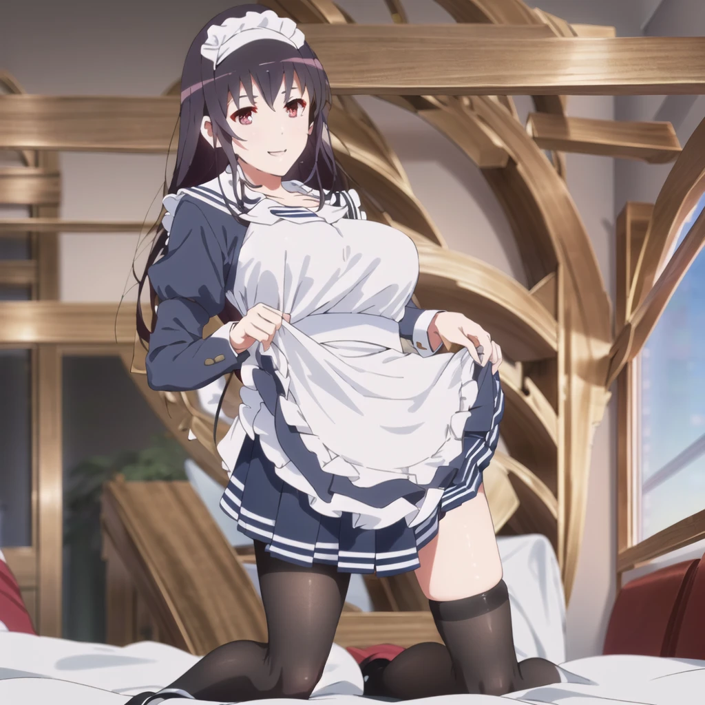 (((Tabletop, Highest quality, High resolution, Pixel perfect, Depth of written boundary, 4K, Pixel Perfect, Perfect in every detail,nsfw,,clothes lift,beautiful red eyes,large breasts,light smile,dpubic hair,alon,solo focus,clothes lift,1 girl,black thigh-high socks))((((bed room,maid)))),masterpiece, highest quality, High resolution, morning, Long Hair, Black Hair, hair band, , Sailor collar, Blue Blazer, Long sleeve, Pleated skirt, Blue Skirt, Black Pantyhose, standing, smile, Open your mouth,