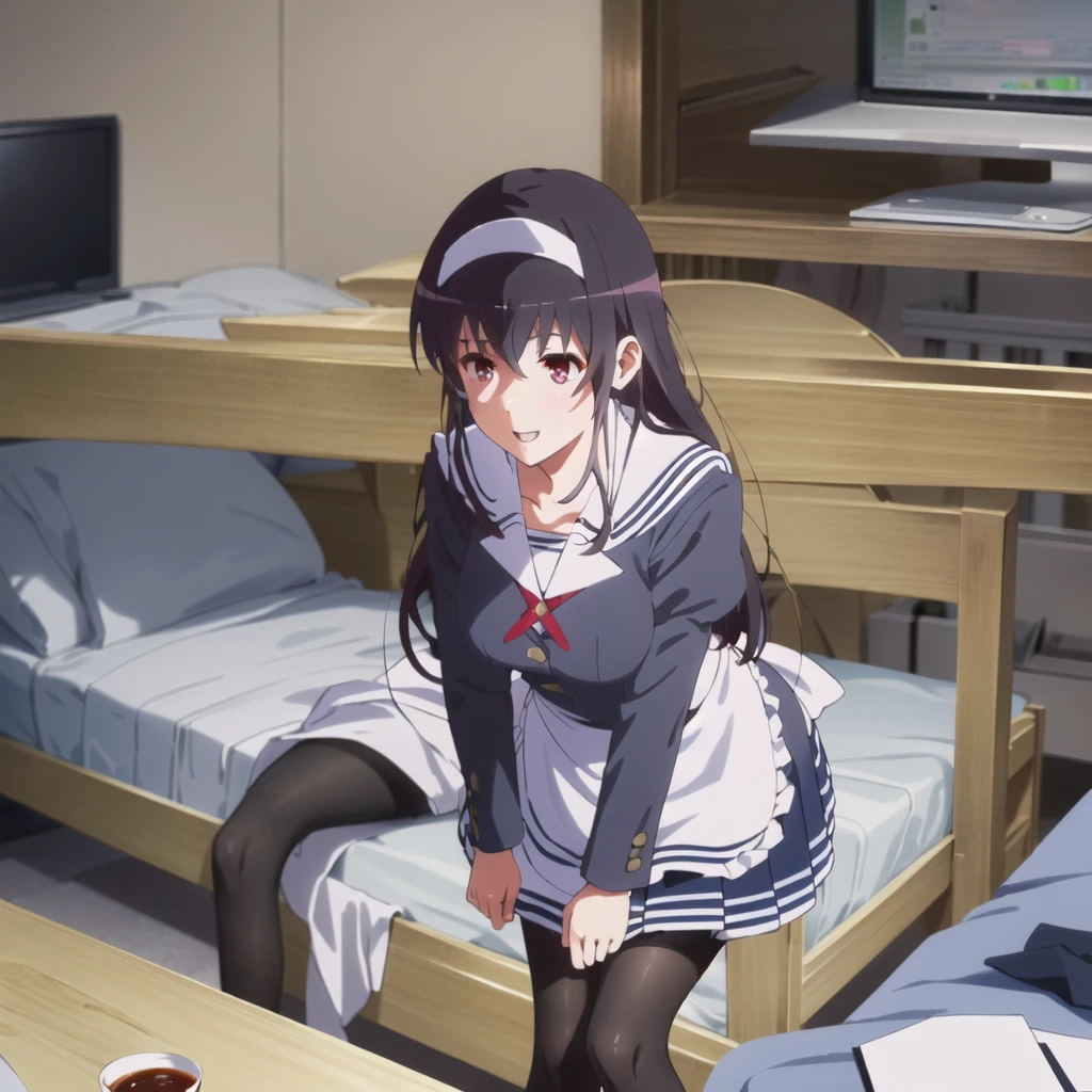 (((Tabletop, Highest quality, High resolution, Pixel perfect, Depth of written boundary, 4K, Pixel Perfect, Perfect in every detail,nsfw,,clothes lift,beautiful red eyes,large breasts,light smile,dpubic hair,alon,solo focus,clothes lift,1 girl,black thigh-high socks))((((bed room,maid)))),masterpiece, highest quality, High resolution, morning, Long Hair, Black Hair, hair band, , Sailor collar, Blue Blazer, Long sleeve, Pleated skirt, Blue Skirt, Black Pantyhose, standing, smile, Open your mouth,