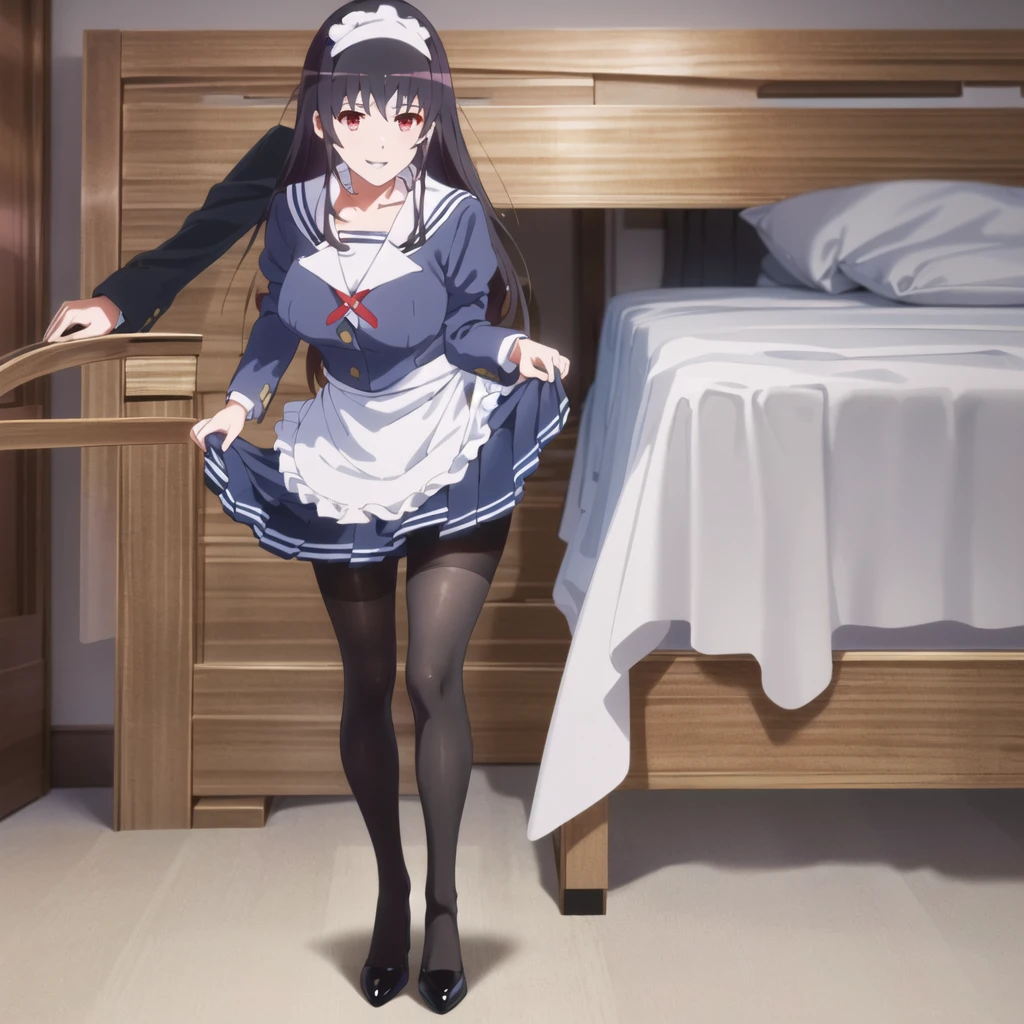 (((Tabletop, Highest quality, High resolution, Pixel perfect, Depth of written boundary, 4K, Pixel Perfect, Perfect in every detail,nsfw,,clothes lift,beautiful red eyes,large breasts,light smile,dpubic hair,alon,solo focus,clothes lift,1 girl,black thigh-high socks))((((bed room,maid)))),masterpiece, highest quality, High resolution, morning, Long Hair, Black Hair, hair band, , Sailor collar, Blue Blazer, Long sleeve, Pleated skirt, Blue Skirt, Black Pantyhose, standing, smile, Open your mouth,