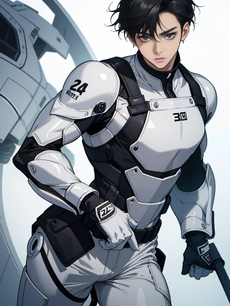 Japanese Male Model Cool 25 year old Short black hair Bright screen Close-up image Very tight white rubber suit Hero whole body, sexy