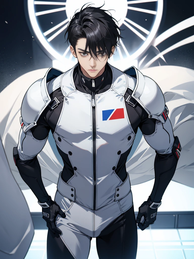 Japanese Male Model Cool 25 year old Short black hair Bright screen Close-up image Very rubber suit Hero whole body, sexy