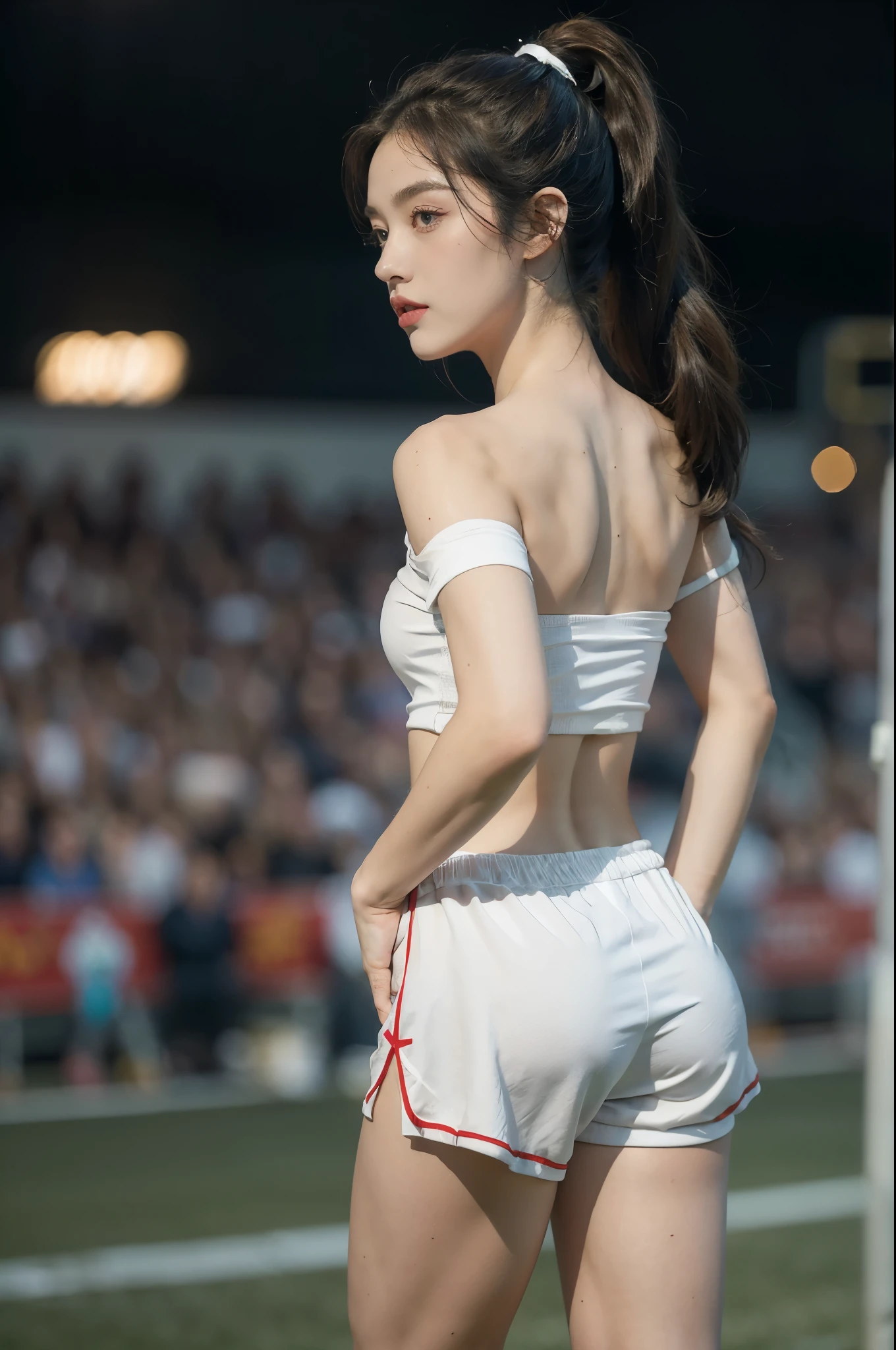(((best quality))),(((ultra detailed))),(((masterpiece))),illustration,((1 beautiful girl,female footballer,solo)),((shoulder off,strapless,bare back,towering hips,butt crack)),((slim,thin)),summer night,stadium,crowded stands,enthusiastic spectators,football match,(short ponytail:1.2),(short sleeves:1.2),((England team kit,white shirt,Navy shorts)),(slender legs:1.2),(football:1.3),fluid movements,powerful,sweat,forehead,exhaustion,passion for football,purposeful running,electric atmosphere,crowd roar,critical juncture,pressure,undeterred,floodlights,luminous glow,long shadows,drama,breathtaking sight,raw passion,unbridled energy,determination,skill,embodiment of sport's spirit,strength,resilience of human spirit,(standing:1.3),((from back,upper body))