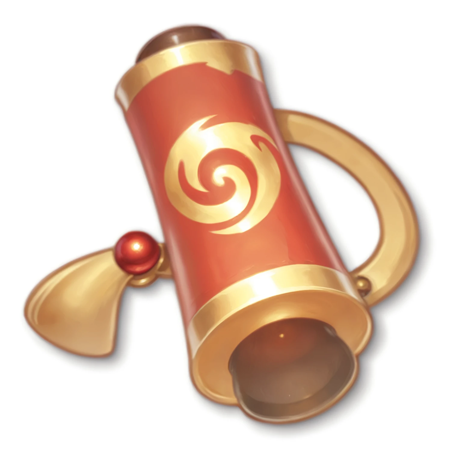 Red tube with gold ring and red bell, Role Playing Game Items, Object Art, Clay, Role Playing Game Items, Life Potion, Magic spell icon, Capability Image, Fantasy game spell icons, Simple shadow, Tempera, very stylized, Smooth Shadows, RPG Inventory Items, herb, Stylized art, picture, painting of one Life Potion, Warm color shading