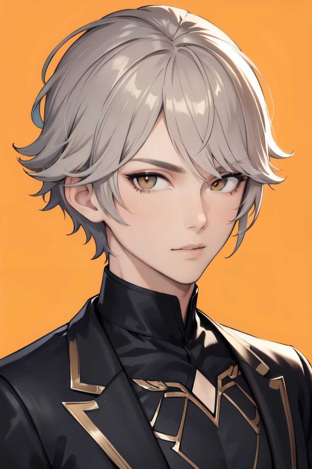 ((best quality)), ((masterpiece)), (detailed), handsome young adult male, short white hair, detailed and well-proportioned orange eyes, orange eyes, wearing a suit, half length portrait