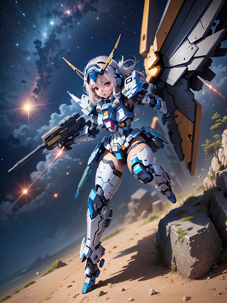 masterpiece,top-quality,Ultra-detail,very detailed illustration,ighly detailed,intricate-detail,hight resolution,super complex details,Highly detailed 8k CG wallpapers, mecha musume, machine components, Robot Joint, head gear, 1girl in,solo, mecha musume, red blush,is standing,cowboy shot, starryskybackground, Background with, Shining black metallic armor、Symmetrical Full Armor、Symmetrical mechanical wing、Funnel mounting、highleg, A smile,Being in the air、are flying、Holding a beam rifle and firing in flight、Sniping with a beam rifle in flight、