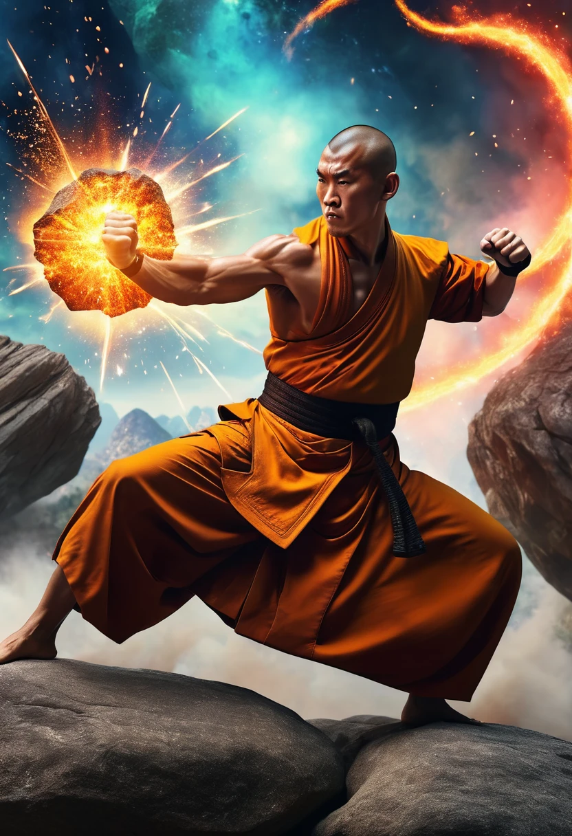 a monk practicing kungfu martial art demonstrating inner power punch in dragon style crushing a big rock, the punch shows as a fire dragon emerge from his fist, photo realistic, super detailed, dramatic art, photoillustration, nebula explosion background, energy light  shoot to the rock. 8k, UHD