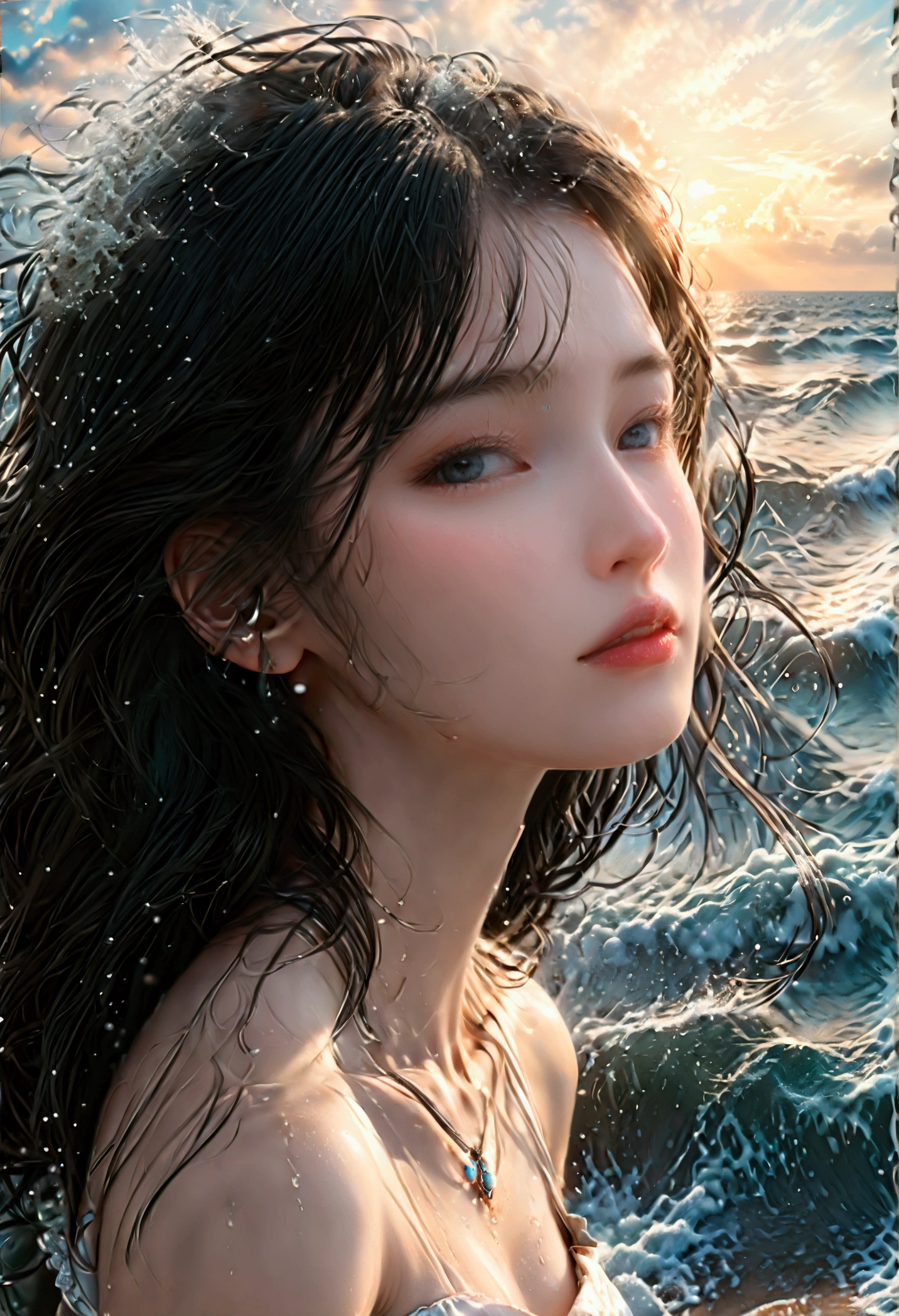 ((Masterpieces with up to 16K resolution:1.6)),Highest quality,it is really amazing,Very detailed,Ultra-high resolution,(Real:1.5),(Realistic:1.5),Increased depth of field,Cinematic Light,
Elegant mature woman,
Long black hair,(Exquisitely detailed face:1.5),Face with a gentle expression,Translucent white skin,Very sensitive skin,Great proportions,Anatomically correct body,
Elegant bikini swimwear,Artistic design,Beautiful and detailed pattern,Detailed fabric texture,Gorgeous necklace,
Coastal landscape at dusk,Dark clouds and dark sky,delay々Continuing sandy beach, Deserted Beach,Dark sea surface,
(Dramatic Angle:1.6),