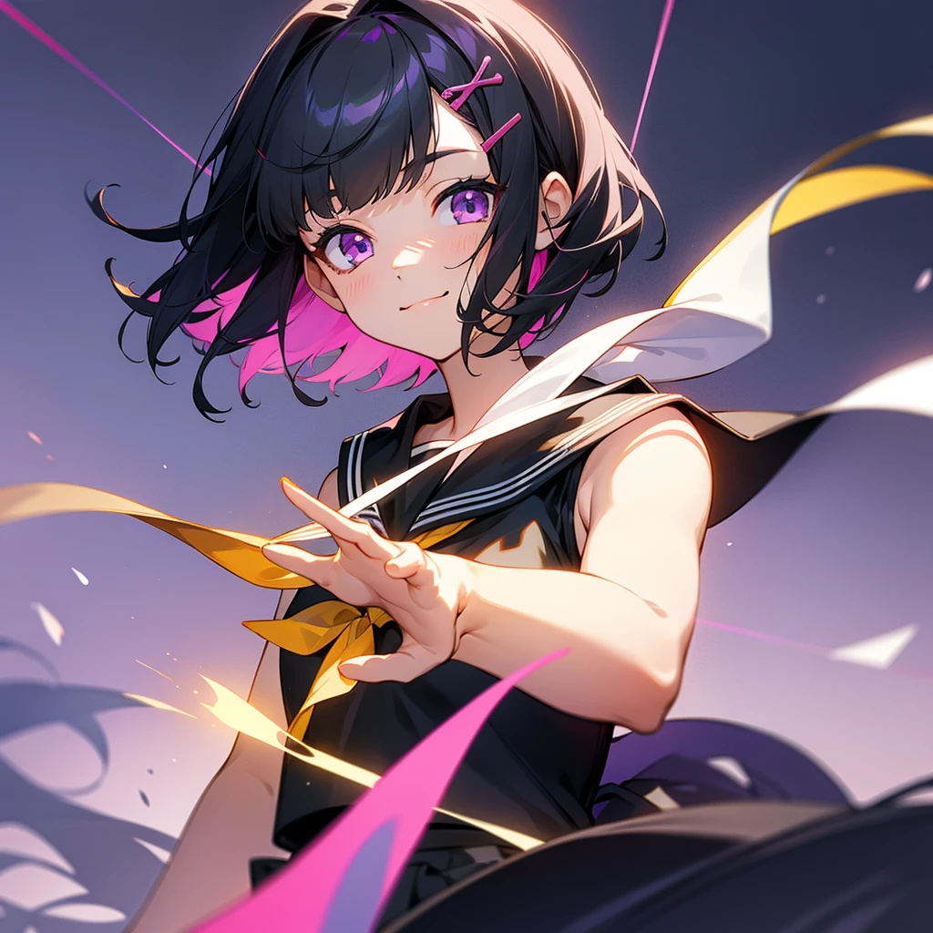 closed mouth,1girl, solo, stage, particle, of lights, masterpiece, best quality, black hair, outdoors,hair ornament, smile, hairclip, purple eyes, looking at viewer, sailor collar, short hair, upper body, hair bow, shirt, bangs, sleeveless, yellow nails, black sailor collar, white shirt, sleeveless shirt, swept bangs, nail polish, treble clef, white bow