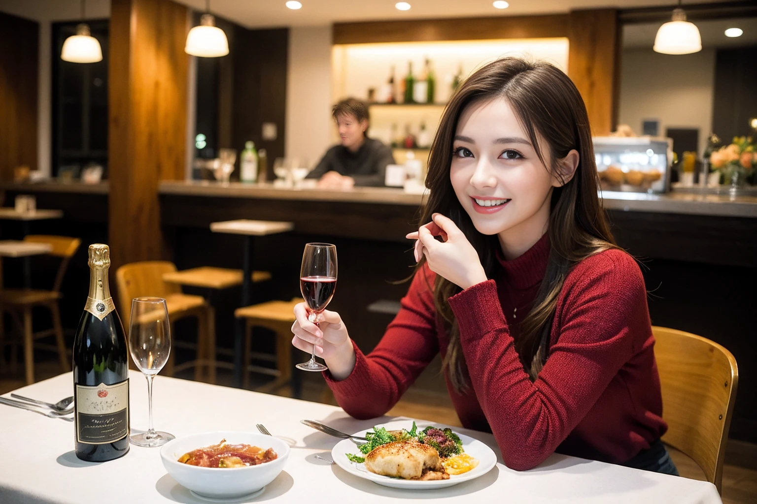 ((Highest quality、8K、masterpiece:1.3))、cute、slimカップル、modelカップル、actress男優、(Realistic, Intricate details:1.2), full-course dinner、Wine Party、Amazing view of the sunset sky and clouds、A bright smile、short hair,Bright Face、 (Age 45), 42 years old, red wine 、Appetizers、Italian food、Wine bottle、Champagne、sparkling wine、Two beauties、Brown Hair、Shortcuts、Long sleeve shirt、dress、Beautiful woman 1, (slimな顔), (The body is slim), (Brown Hair), (Shortcuts), cheeks turn a little red,Attractive beauty、restaurant, In a prominent place (From the waist up) Nova Frog Style, actress, model, Upper Body, White wine, slim, wine glass, 中央に置かれたwine glass, smile, (smile: 1.15), Beautiful fine grain, Depth f/2,saturation, High Contrast, Strong light and shadow,Moist Body:1.5、3D texture、Delicate eyes、Brown Hair、The hair is very shiny、