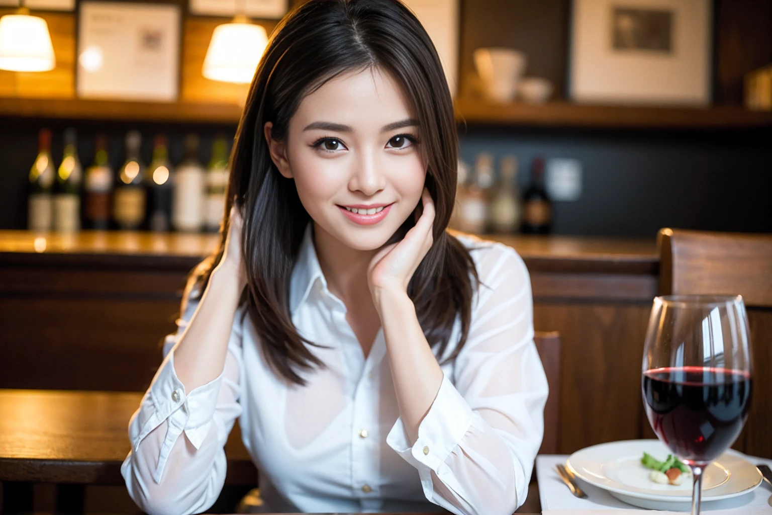 ((Highest quality、8K、masterpiece:1.3))、cute、slimカップル、modelカップル、actress男優、(Realistic, Intricate details:1.2), full-course dinner、Wine Party、Amazing view of the sunset sky and clouds、A bright smile、short hair,Bright Face、 (Age 45), 42 years old, red wine 、Appetizers、Italian food、Wine bottle、Champagne、sparkling wine、Two beauties、Brown Hair、Shortcuts、Long sleeve shirt、dress、Beautiful woman 1, (slimな顔), (The body is slim), (Brown Hair), (Shortcuts), cheeks turn a little red,Attractive beauty、restaurant, In a prominent place (From the waist up) Nova Frog Style, actress, model, Upper Body, White wine, slim, wine glass, 中央に置かれたwine glass, smile, (smile: 1.15), Beautiful fine grain, Depth f/2,saturation, High Contrast, Strong light and shadow,Moist Body:1.5、3D texture、Delicate eyes、Brown Hair、The hair is very shiny、