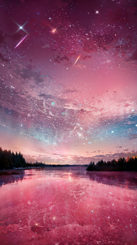 Lake view of pink sky and stars, Sparkling sky, magical sparkling lake, sky strewn with stars, Milkyway Sky, Magnificent background, During meteor storms, night sky with many meteorites, Perseid meteor shower, galaxy in the sky, Colorful night sky, cosmic starry sky, amazing background, Cosmos Sky, Beautiful night sky