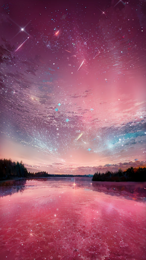 Lake view of pink sky and stars, Sparkling sky, magical sparkling lake, sky strewn with stars, Milkyway Sky, Magnificent background, During meteor storms, night sky with many meteorites, Perseid meteor shower, galaxy in the sky, Colorful night sky, cosmic starry sky, amazing background, Cosmos Sky, Beautiful night sky