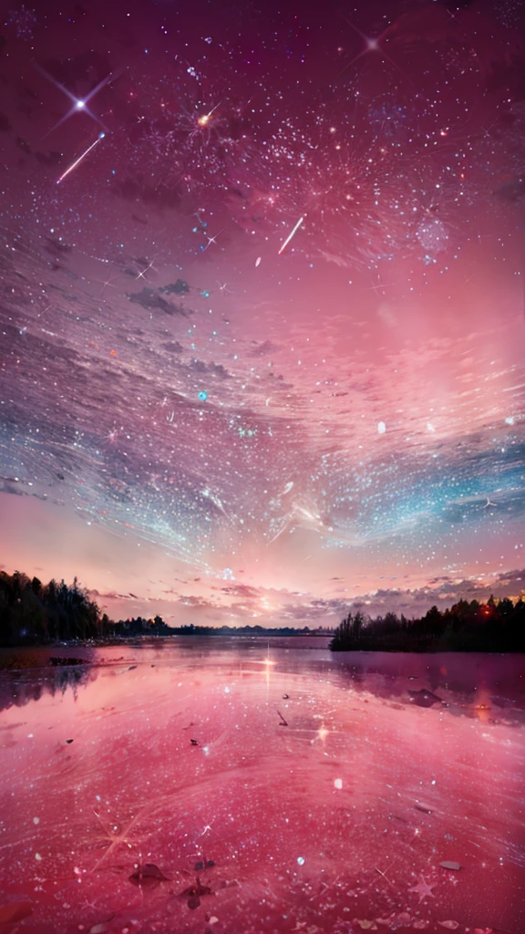 Lake view of pink sky and stars, Sparkling sky, magical sparkling lake, sky strewn with stars, Milkyway Sky, Magnificent background, During meteor storms, night sky with many meteorites, Perseid meteor shower, galaxy in the sky, Colorful night sky, cosmic starry sky, amazing background, Cosmos Sky, Beautiful night sky