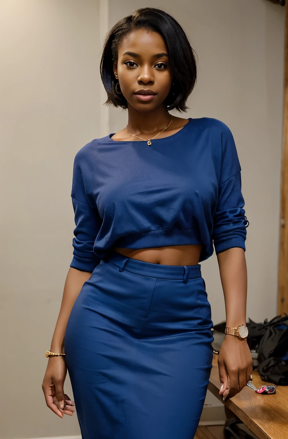 Create a realistic depiction of an African lady who is smartly dressed in modern clothes that are chic, flirty, sexy and respectable . Her outfit should prominently feature blue color . She should have a very thick build and appear realistic." She should be standing perfect posture, her legs criss crossed in a photo studio posing confidently for the camera. She should be 23 years old.