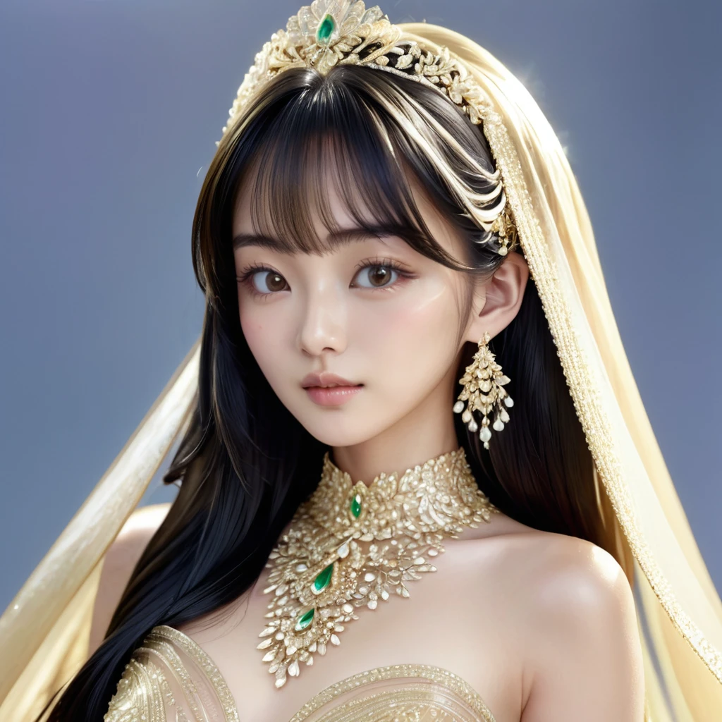 ((Highest quality)), ((masterpiece)), (detailed), (Perfect Face)、The woman was a tiare with medium-long black hair, luxuriously embroidered and trimmed, wearing a shiny, luxurious, golden, long-slit see-through dress that allowed her skin to show through, a golden see-through cape, and a golden see-through veil. She had a luxurious jeweled hair ornament, a jeweled head dress chain, a jeweled waist chain, a luxurious necklace, bracelets, ankle bracelets, jeweled earrings, and shiny golden boots, and an engagement ring.