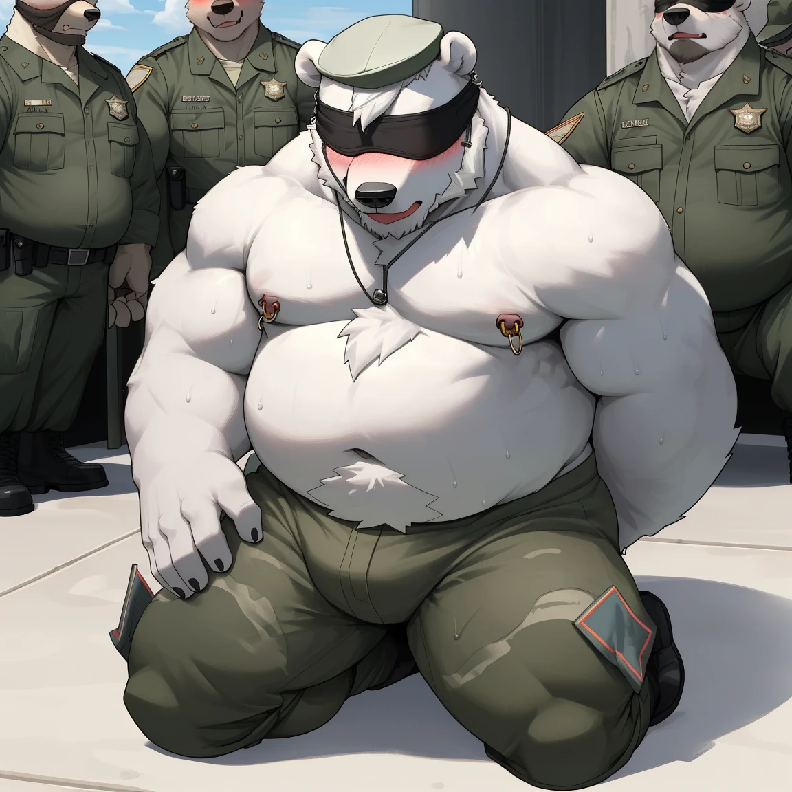 masterpiece, best quality, 8k resolution, Very detailed, hairy,(((polar bear)),(((Mature))),(((beard))),(((fat))),(((White hair all over body))),(((portrait))),(((White hair))),(((Kneeling))),(((Blindfolded))),(((Military cap))),Highest quality scene,(((Hip bulge))),(((Officers' uniforms))),(((Fat-enclosed muscle))),(((Round face))),(((On the battlefield))),(((Sticking out the tongue))),(((Hands are tied))),(((Shameful))),(((many people's))),(((Shirtless))),(((hat))),(((sweaty))),(((Blushing))),(((Looked up))),(((Nipple Rings)))