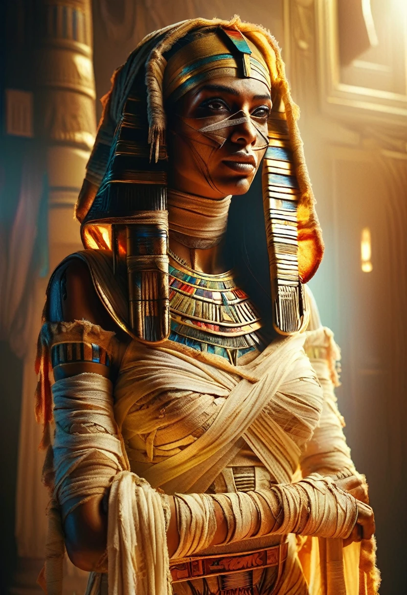 hyper detailed masterpiece, dynamic, awesome quality, mummy, preserved reanimated undead cursed being, a portrait of the most beautiful girl ancient egyptian dangerous witch, beautiful bandages wrapping her body, tight and tattered clothes, scary, bloody and violent movie the mummy, high quality, 4k, cinematic, dramatic lighting, the face of the pharaoh, intricate details, detailed and complex, beautiful and sophisticated, intense and maximalist, impressive and excellent, extremely detailed, realistic, high and complex details, very realistic, dramatic and intense