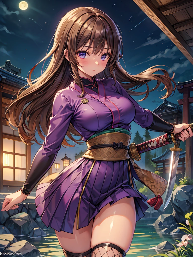 (Highest quality)), ((Masterpiece)), (Familiar), Perfect face, glossy skin, beautiful breasts, how, shiny skin, Kyoto animation-style painting, emerald brown hair, tanned skin, night, Holding a Japanese sword, ruins, fighting posture, fishnet tights, knitting hair, spats, inside, Kunoichi's clothes, purple clothes