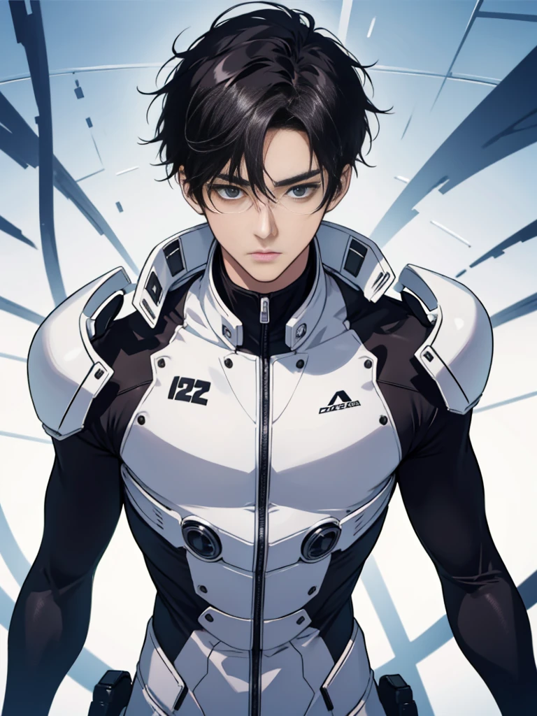Japanese Male Model Cool 25 year old Short black hair Bright screen Close-up image Very tight white rubber suit Hero whole body, sexy