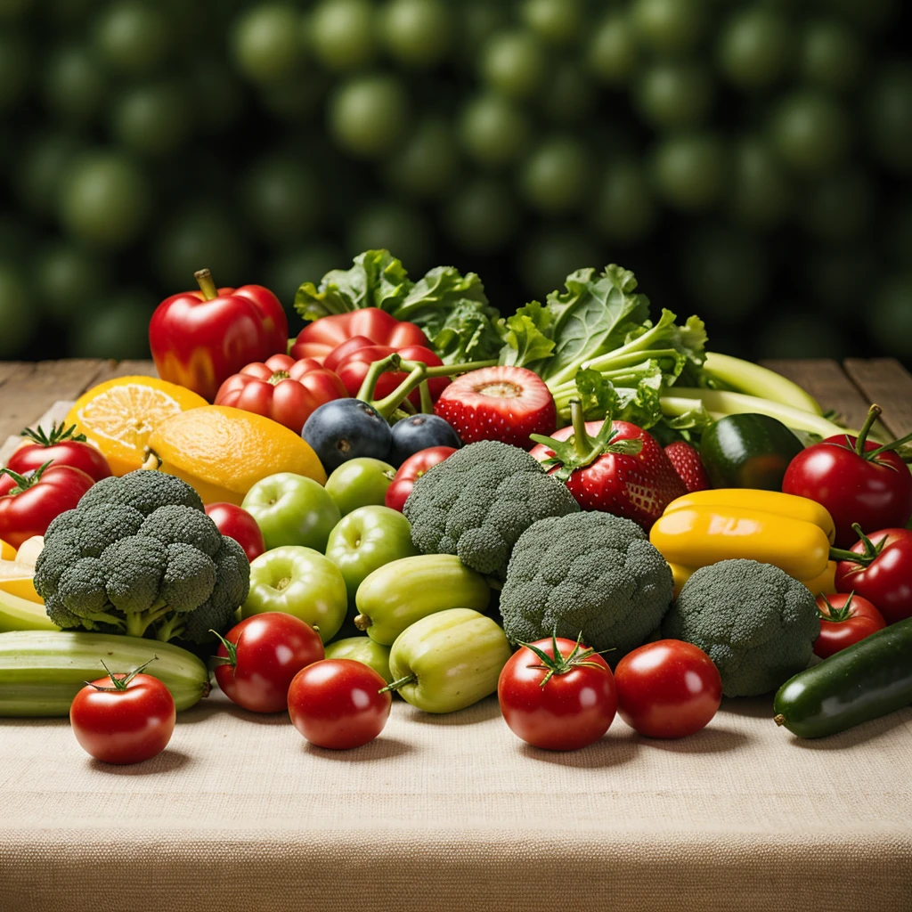The background is a pastoral blur,Fruits and vegetables on the table,Leave space in the middle of the table,blur background