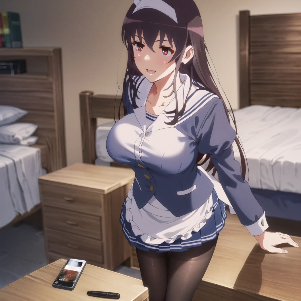 (((Tabletop, Highest quality, High resolution, Pixel perfect, Depth of written boundary, 4K, Pixel Perfect, Perfect in every detail,nsfw,,clothes lift,beautiful red eyes,large breasts,light smile,dpubic hair,alon,solo focus,clothes lift,1 girl,black thigh-high socks))((((bed room,maid)))),masterpiece, highest quality, High resolution, morning, Long Hair, Black Hair, hair band, , Sailor collar, Blue Blazer, Long sleeve, Pleated skirt, Blue Skirt, Black Pantyhose, standing, smile, Open your mouth,