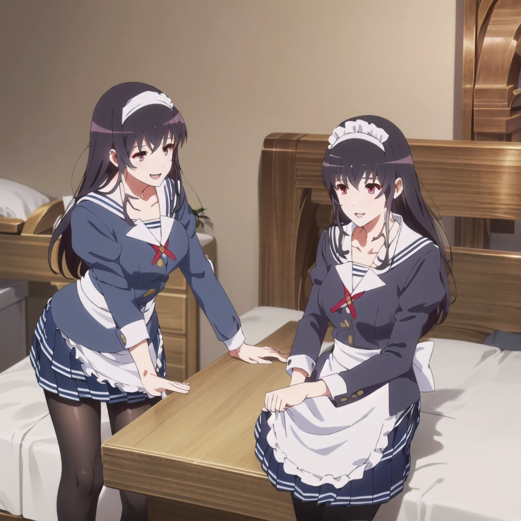  (8k), (   very detailed), (    best illustration   ), Cafe。    two girls。  maid outfit  。.  flat chested。  short hair on the side of her uniform 。   big red ribbon barrette。 four-leaf clover in hair 。adult。  black hair。Island Rin,Bring me a cake  、 skirt flip finger insertion in vagina 。 on all fours