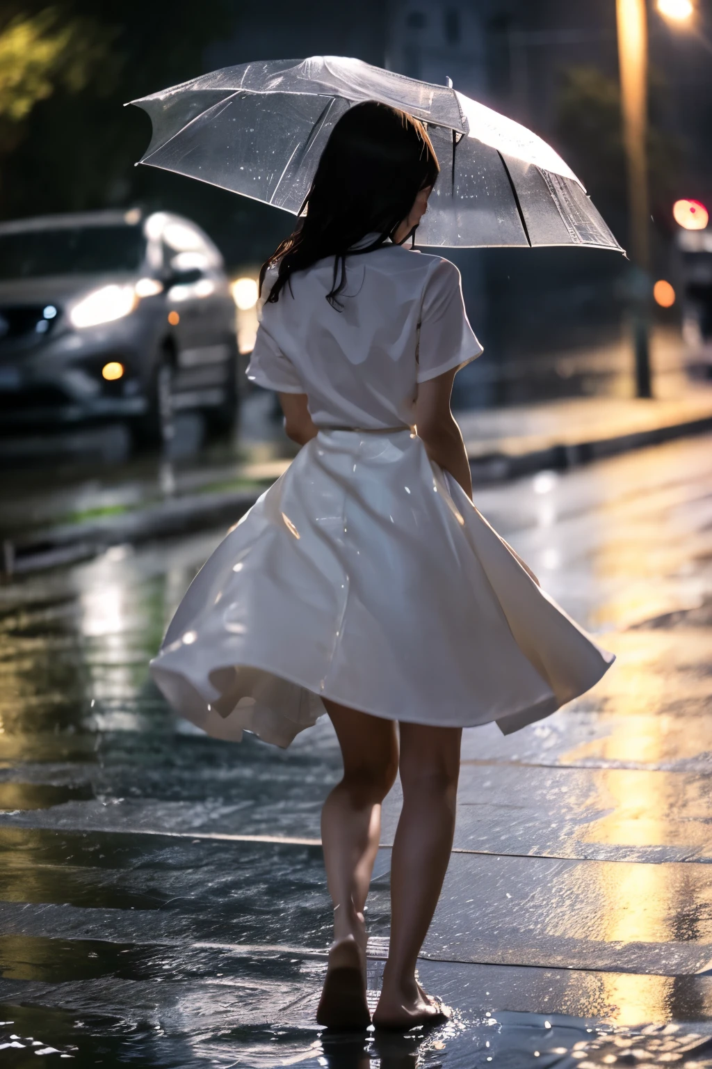 (masterpiece,top quality,high quality)), ((8K wallpaper unified with high definition CG)), (huge stunning goddess shot, so hot and sexy, jaw dropping beauty, perfect proportions, beautiful body, slim body beauty:1.3), (dancing in the rain:1.5)), Japanese woman in white dress dancing in the rain, dancing in the rain, sloshing rain, soaking wet, soaking wet body, carnal desire, wet in the rain, wet dress, backlighting, rain, wet hair shaking, splashing rain, night, rain, portrait of dancer, facing away, looking across, Rough pose, one hand Pinching the edge of her skirt, one leg raised high, dynamic composition, view from behind, full body shot,