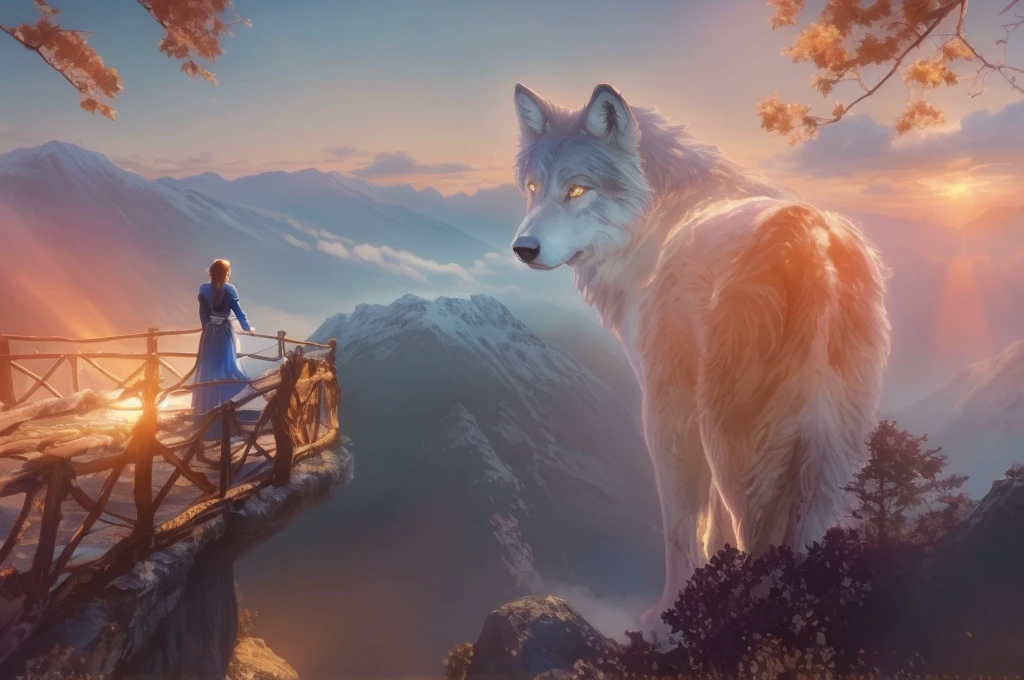 Magical digital illustration, surrealism, sunset, huge wolf walk among the mountains, turns round and looks at the girl, girl standing with her back, A girl stands on a wooden balcony overlooking a vast, misty mountain landscape, a girl dressed in a Caucasian national dress, with two long braids, calm peaceful atmosphere, natural light, (( Artem Chebokha, Devin Elle Kurtz, Rossdraws style)), Peter Morbacher style, awarded on artstation, cinematic light, magical light, The scene combines elements of fantasy and nature: the man is looking into the distance, while the huge wolf adds a surreal touch.