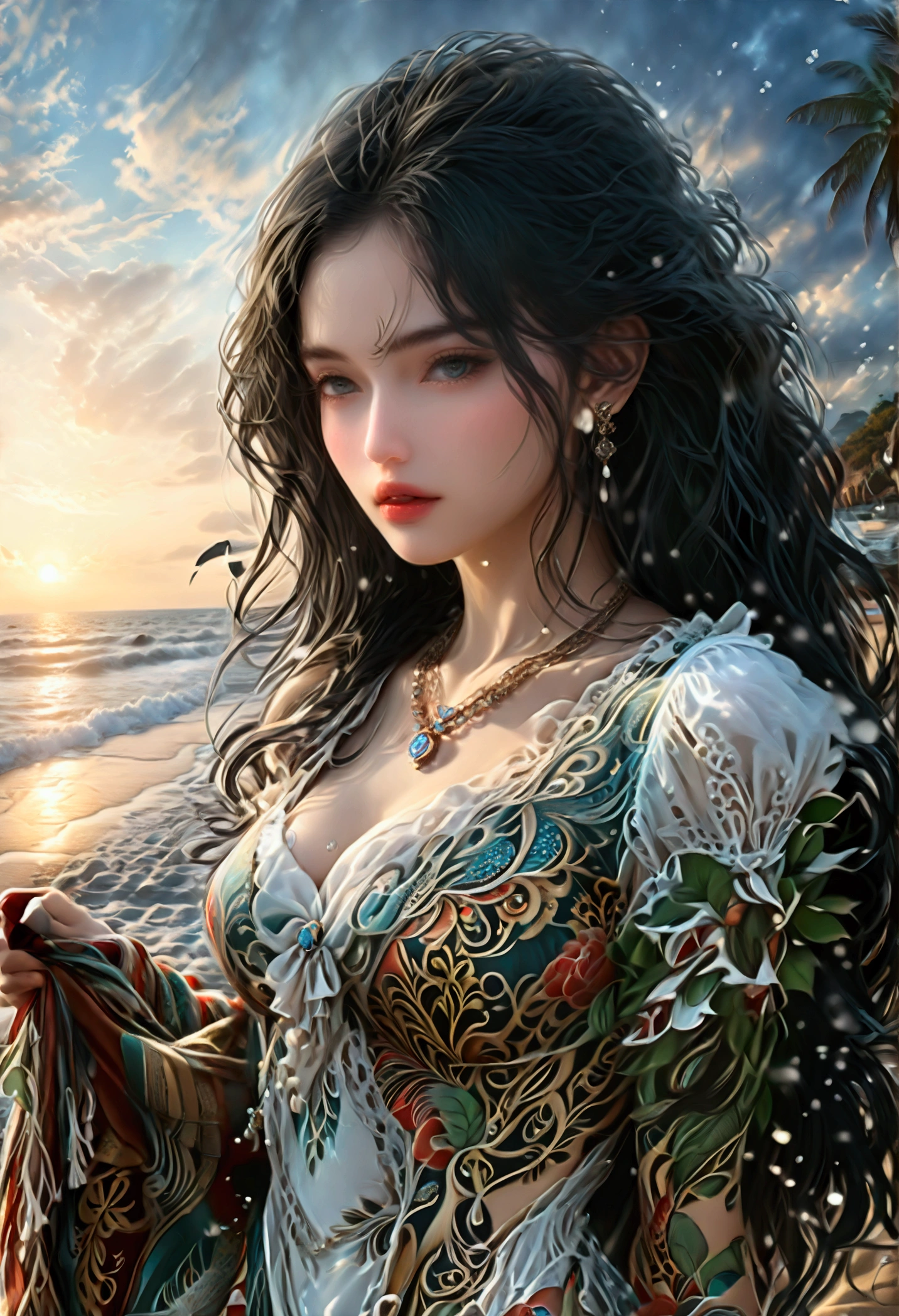 ((Masterpieces with up to 16K resolution:1.6)),Highest quality,it is really amazing,Very detailed,Ultra-high resolution,(Real:1.5),(Realistic:1.5),Increased depth of field,Cinematic Light,
Elegant mature woman,
Long black hair,(Exquisitely detailed face:1.5),Face with a gentle expression,Translucent white skin,Very sensitive skin,Great proportions,Anatomically correct body,
Elegant bikini swimwear,Artistic design,Beautiful and detailed pattern,Detailed fabric texture,Gorgeous necklace,
Coastal landscape at dusk,Dark clouds and dark sky,delay々Continuing sandy beach, Deserted Beach,Dark sea surface,
(Dramatic Angle:1.6),