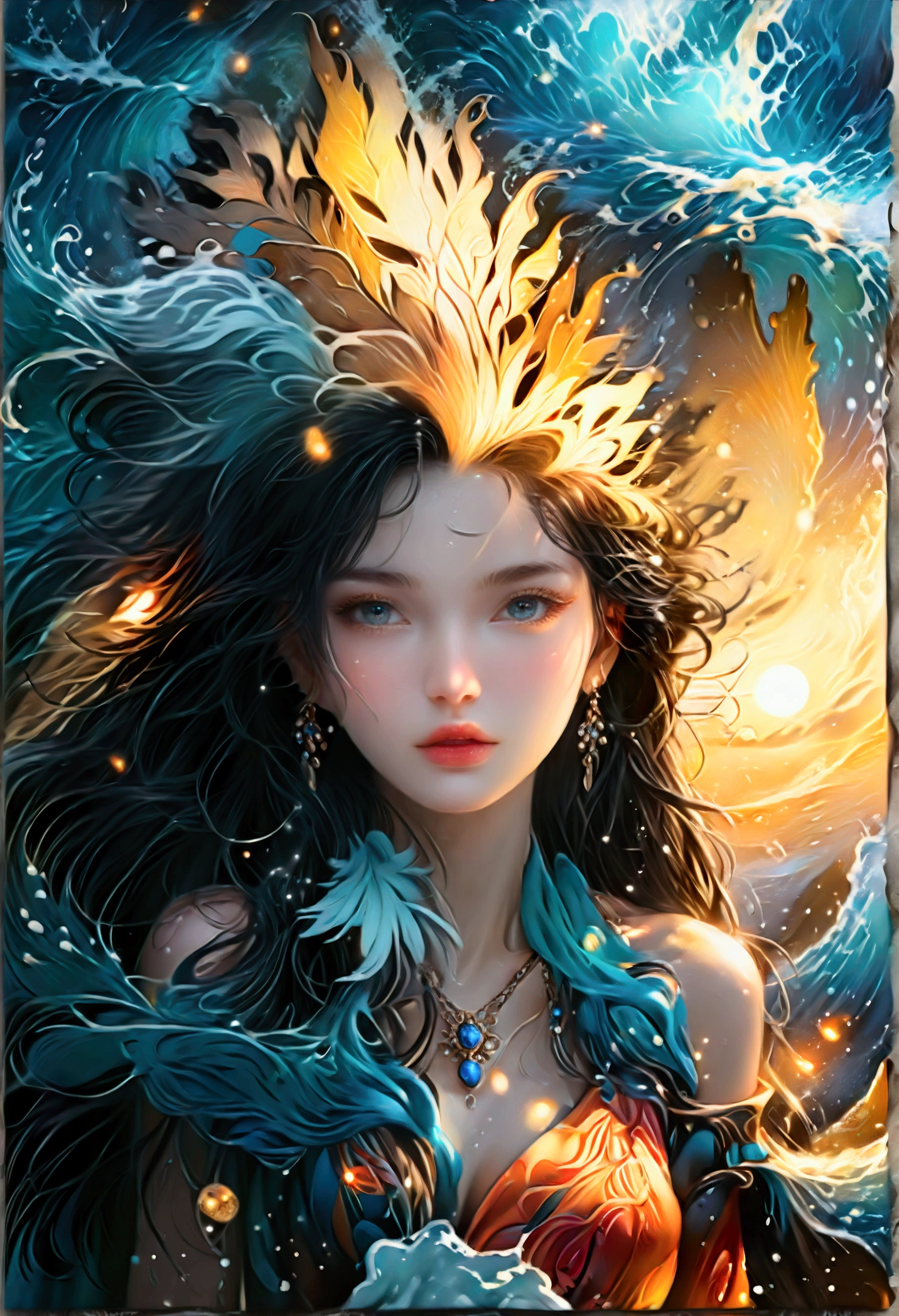 ((Masterpieces with up to 16K resolution:1.6)),Highest quality,it is really amazing,Very detailed,Ultra-high resolution,(Real:1.5),(Realistic:1.5),Increased depth of field,Cinematic Light,
Elegant mature woman,
Long black hair,(Exquisitely detailed face:1.5),Face with a gentle expression,Translucent white skin,Very sensitive skin,Great proportions,Anatomically correct body,
Elegant bikini swimwear,Artistic design,Beautiful and detailed pattern,Detailed fabric texture,Gorgeous necklace,
Coastal landscape at dusk,Dark clouds and dark sky,delay々Continuing sandy beach, Deserted Beach,Dark sea surface,
(Dramatic Angle:1.6),